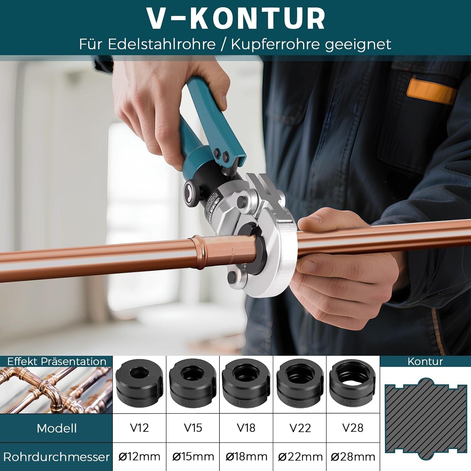 XERSEK Crimpzange Presszange Handpresszange V-Kontur TH-Kontur f. Kupferrohr Verbundrohr, mit Rohrabschneider mit V12 V15 V18 V22 V28, & TH16 TH20 TH26 TH32