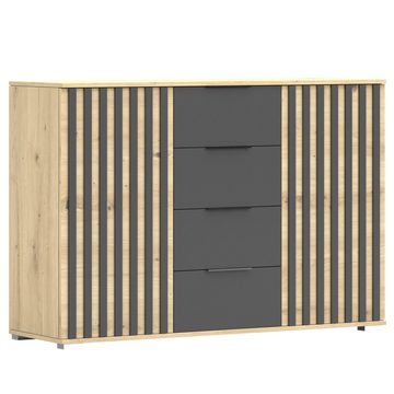 MOEBLO Kommode VERA 4S2D (Artisan/Schwarz, mit Schubladen und Lamellen, Sideboard Wohnzimmer Kommode Schlafzimmer Komodenschrank Highboard), (B x H x T):135x93x42cm