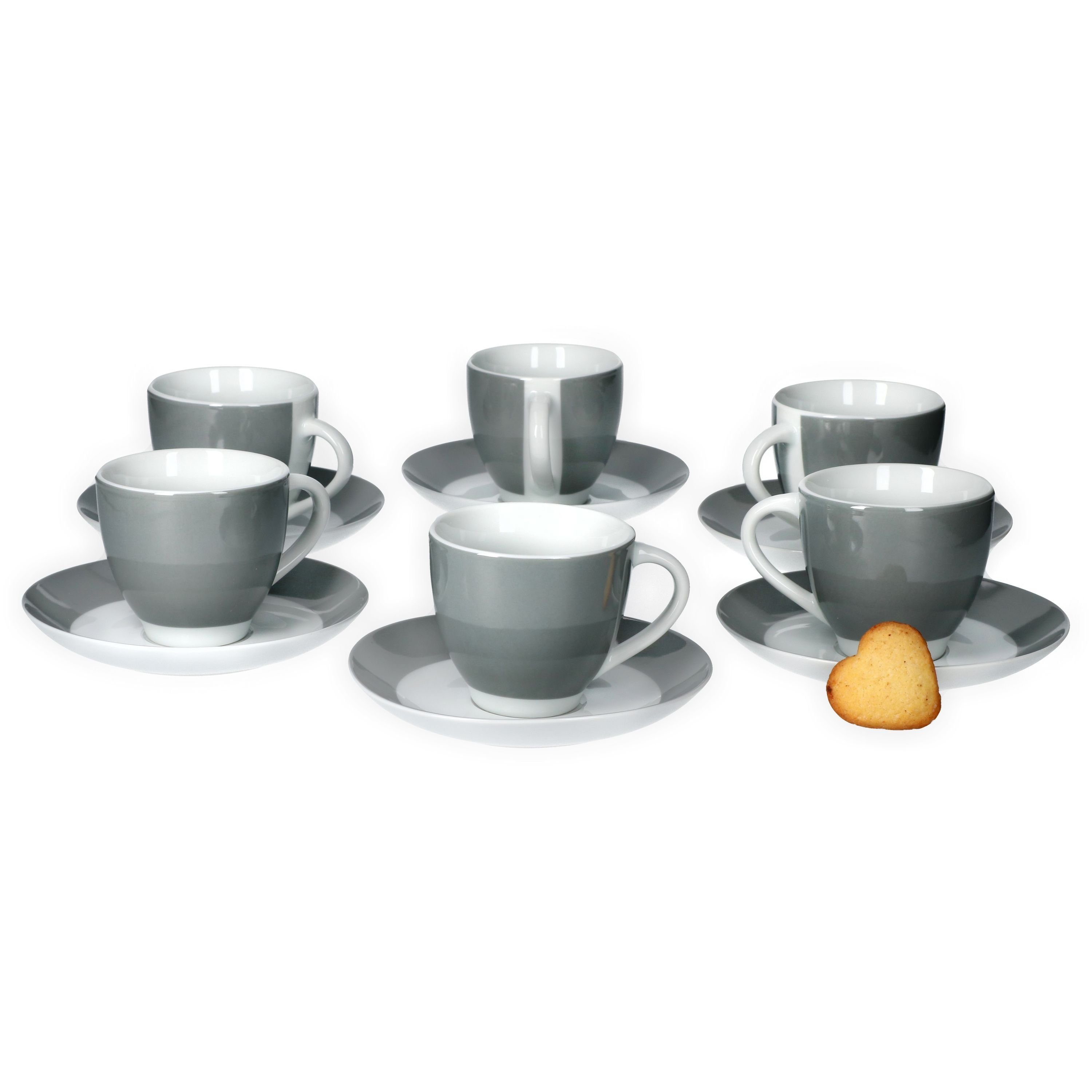 van Well Tasse 6er Set Kaffeetasse mit Untertasse Serie Vario Porzellan - grau