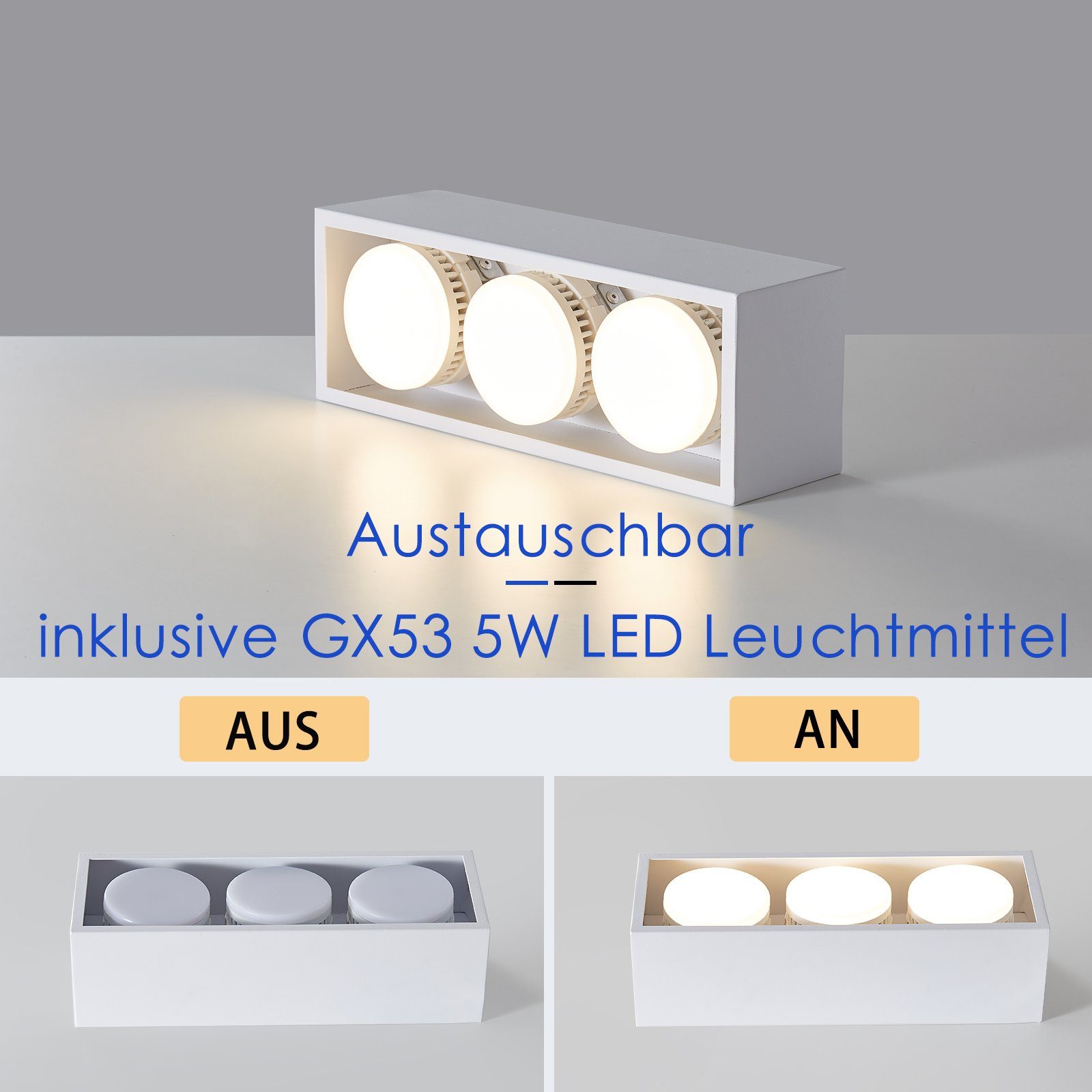 Aufbaustrahler LED Schwenkbar, Küche 3000k, Eckig Wohnzimmer, Flammig LED Deckenstrahler GX53 für Deckenleuchte 15W ZMH - Deckenspots 3 mit Weiß