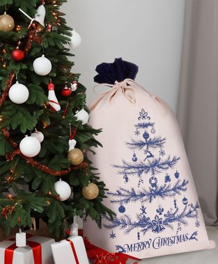 BRUBAKER Aufbewahrungstasche Weihnachtssack Tannenbaum Blau - 80 cm Geschenksack Weihnachten (Weihnachtsbaum geschmückt, 1-tlg., Nikolaussack), Sack Baumwolle mit Kordel zum Verpacken von Geschenken