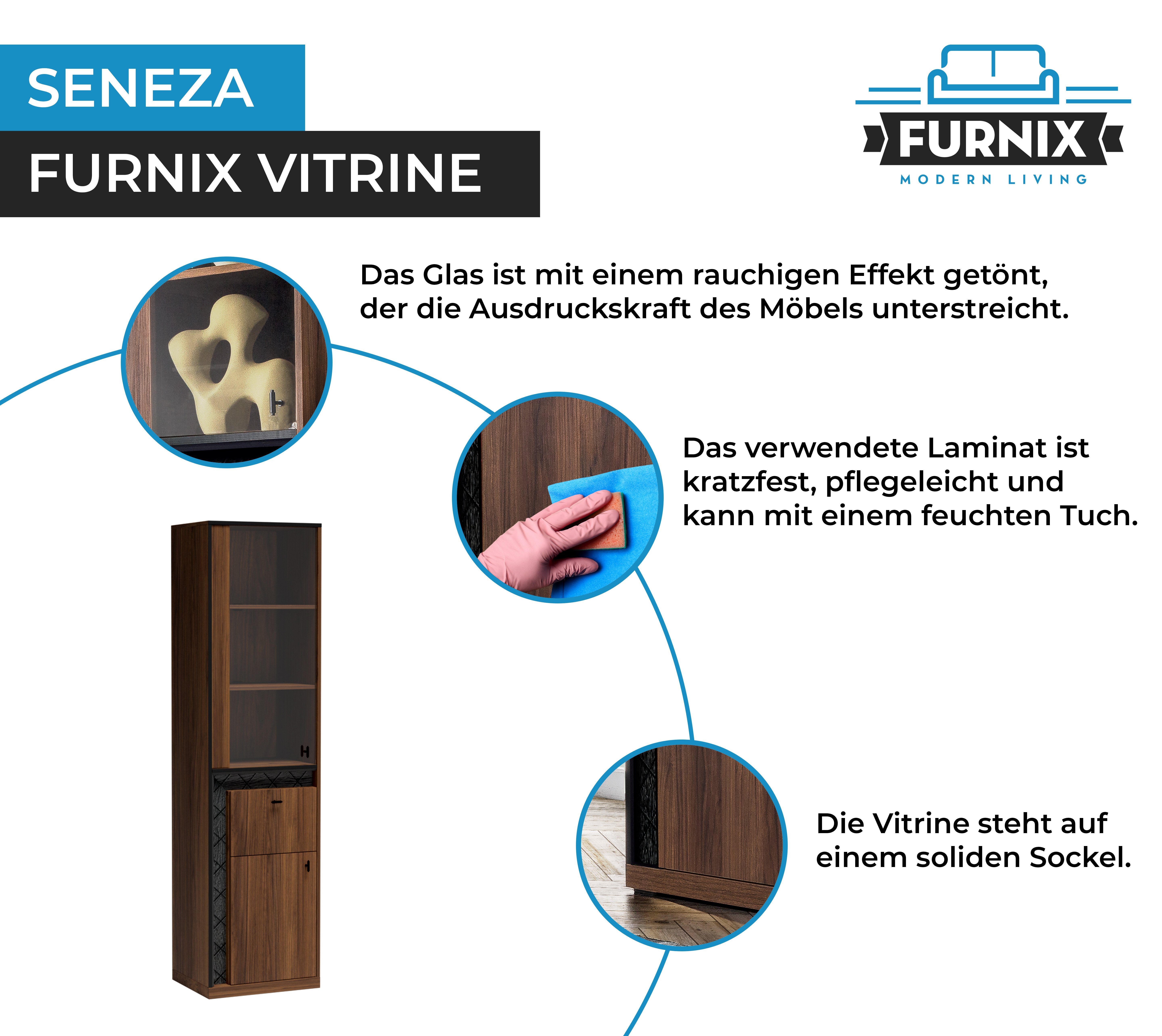 S2 Vitrine mit Holztür Standvitrine Warmia ohne Glastür, Furnix Schublade, SENEZA LED Nussbaum