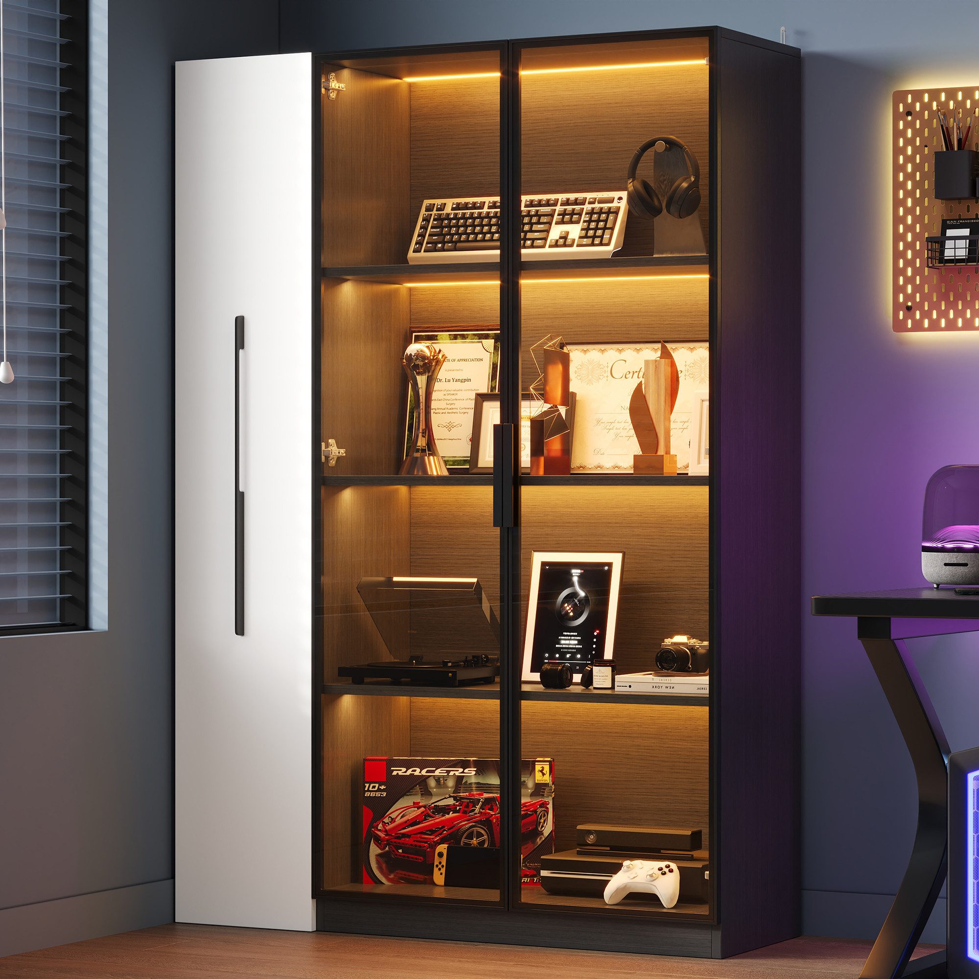 Merax Glasvitrine (2-in-1-Design Multifunktionsschrank Vitrinenschrank, 1-St., 110.5x35x160cm) LED-Vitrine mit Glastür & seitlichem Rollregal,Hochschrank Bücherregal