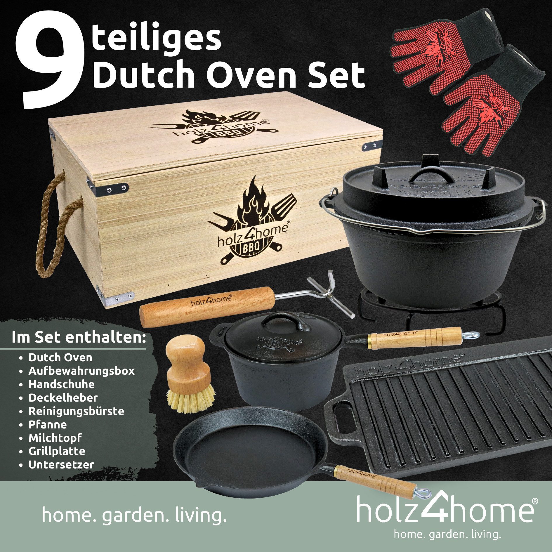 holz4home® Grilltopf Dutch Oven Set aus Gusseisen I Dopf Feuertopf Schmortopf Bräter, Gusseisen (9-tlg), inkl. Deckelheber