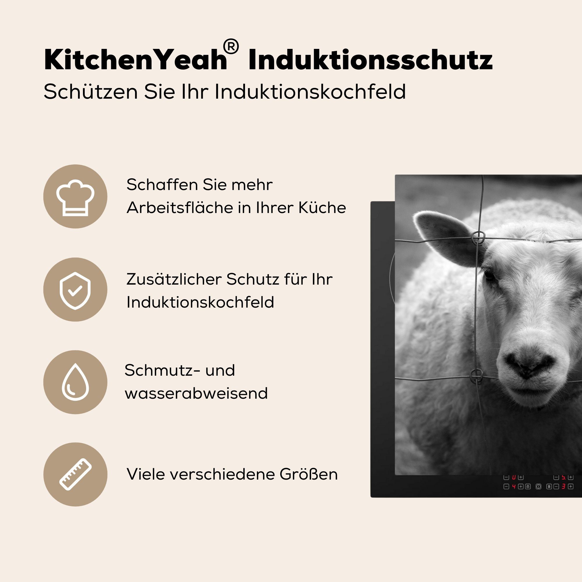 tlg), (1 Schwarz Zaun küche Herdblende-/Abdeckplatte Vinyl, für Ceranfeldabdeckung, Weiß, - Schafe - - 78x78 cm, Arbeitsplatte MuchoWow