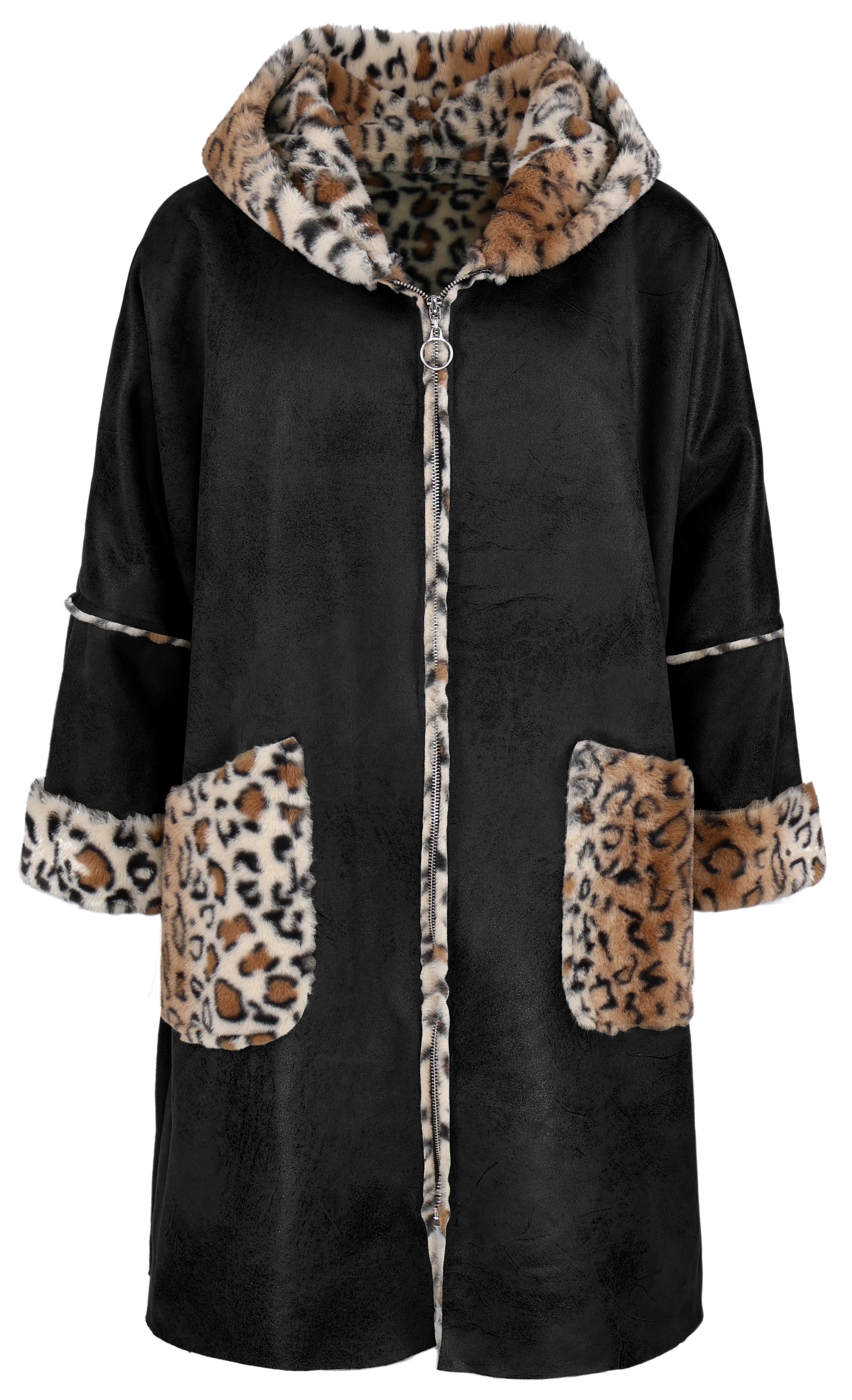 dy_mode Lederimitatmantel Damen Kunstledermantel Oversize Longjacke mit Leomuster Mantel mit Kapuze, im Leo-Print