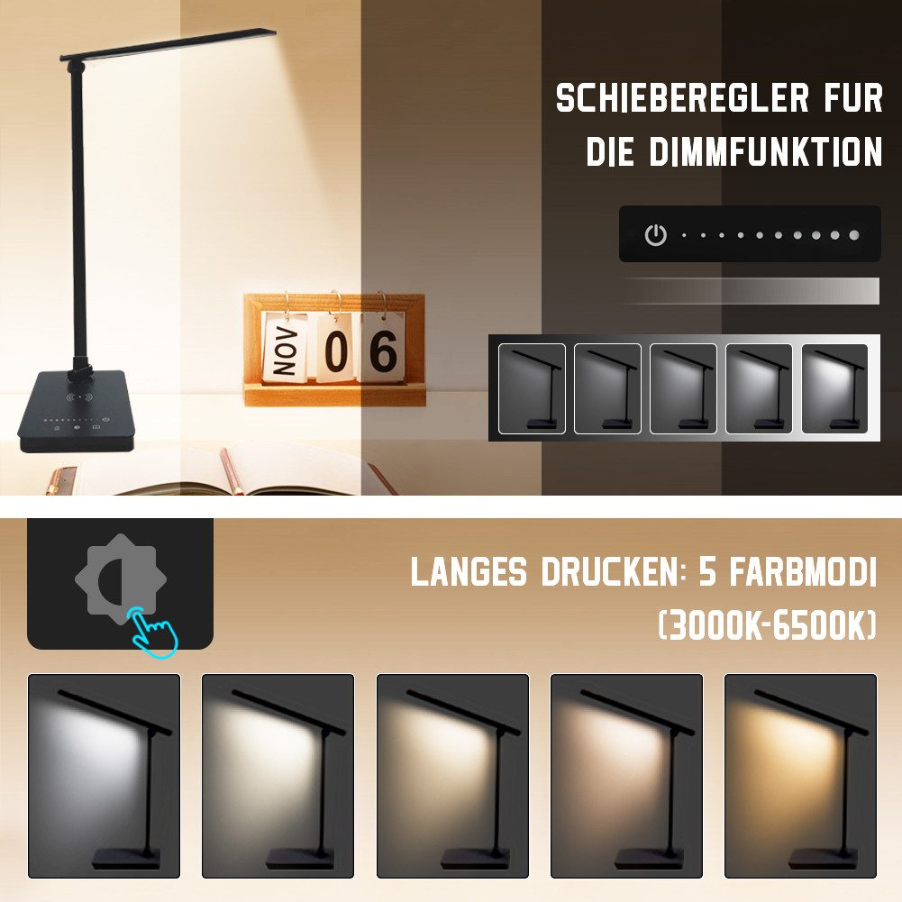 FANNOU LED Schreibtischlampe Dimmbare Tischlampe, LED fest integriert, 5 Farbmodi und Helligkeitsstufen Blendfreie Augenschutz-Desk Lamp