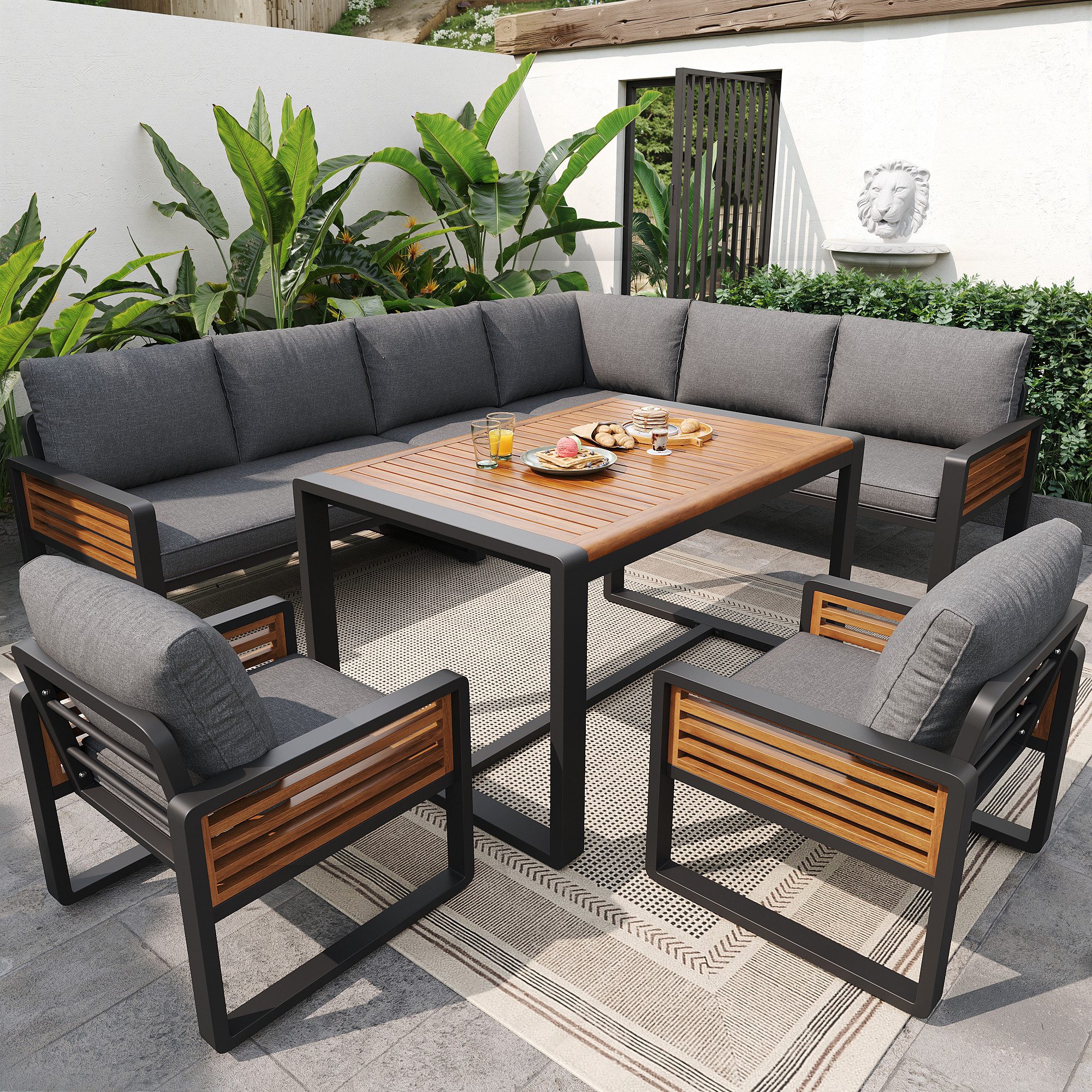 Odikalo Gartenlounge-Set Gartenmöbel Set mit Esstisch aus Massivholz, (Möbelset für 8 Personen, verstellbare Beine, alle Sitz- und Rückenkissen inklusive)