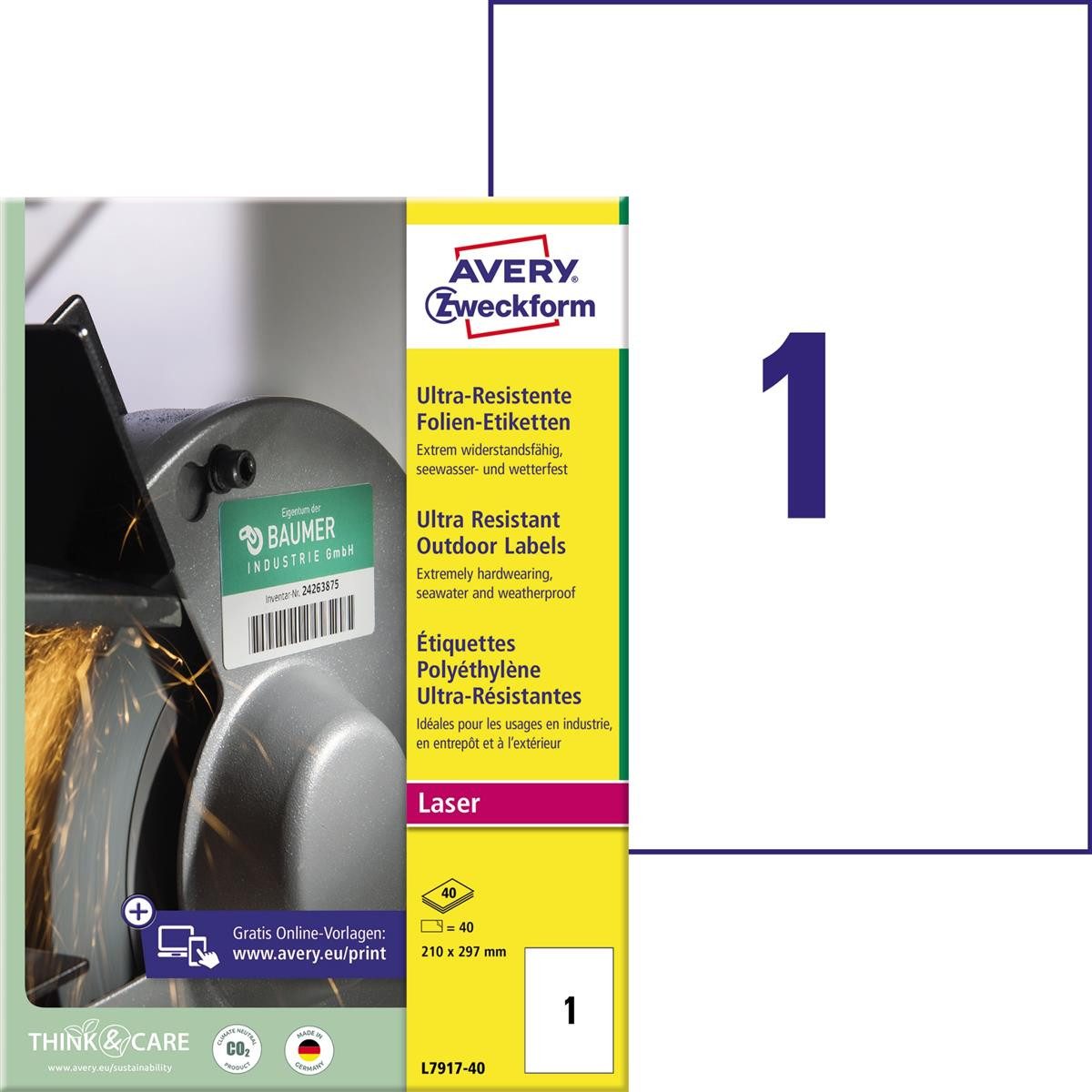 Avery Zweckform Etikett AVERY Zweckform Ultra-Resist. Folien-Etiketten, 210 x 297 mm