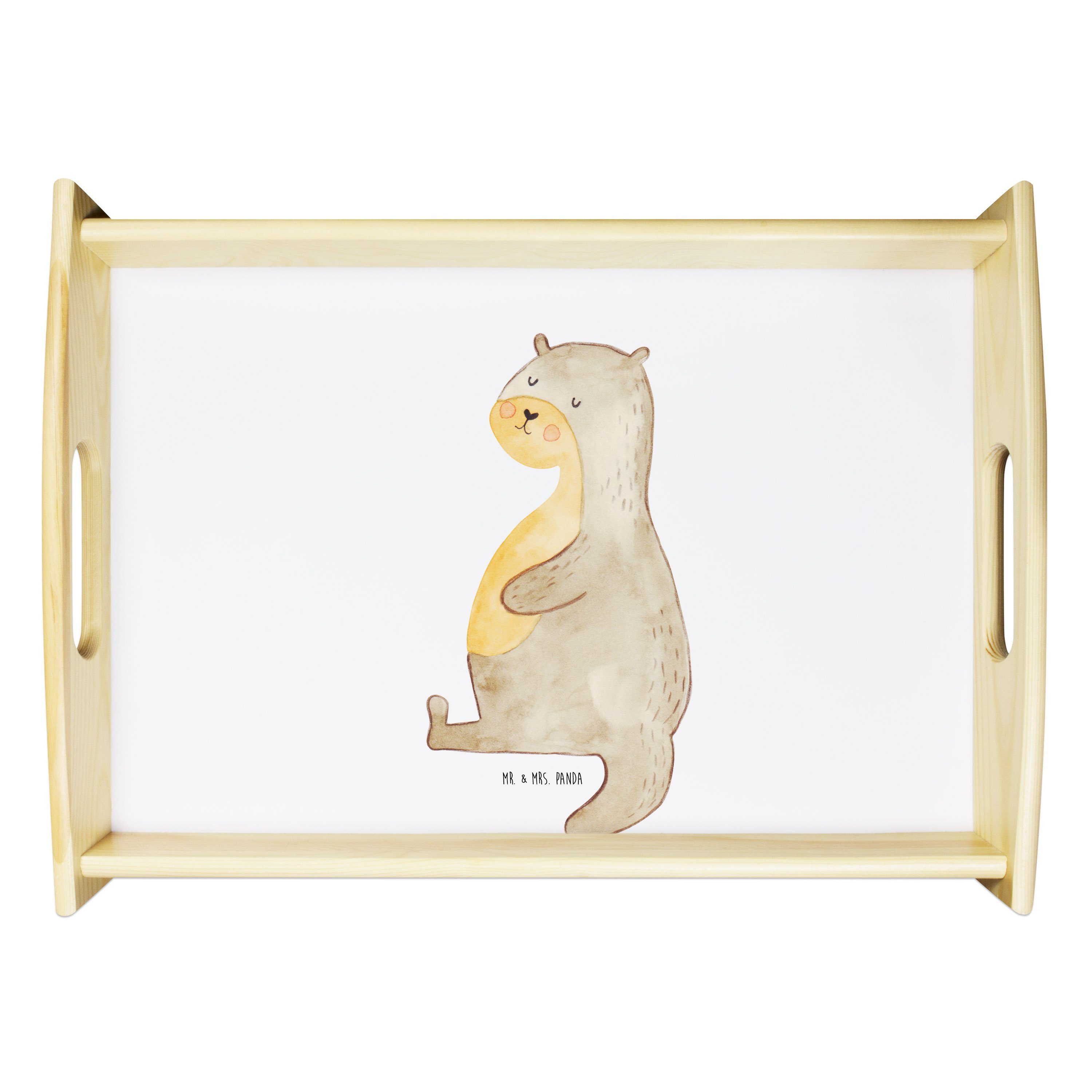 Mr. & Mrs. Panda Tablett Otter Bauch - Weiß - Geschenk, voll gefuttert, Essen. foodlover, Fisc, Echtholz lasiert, (1-tlg)