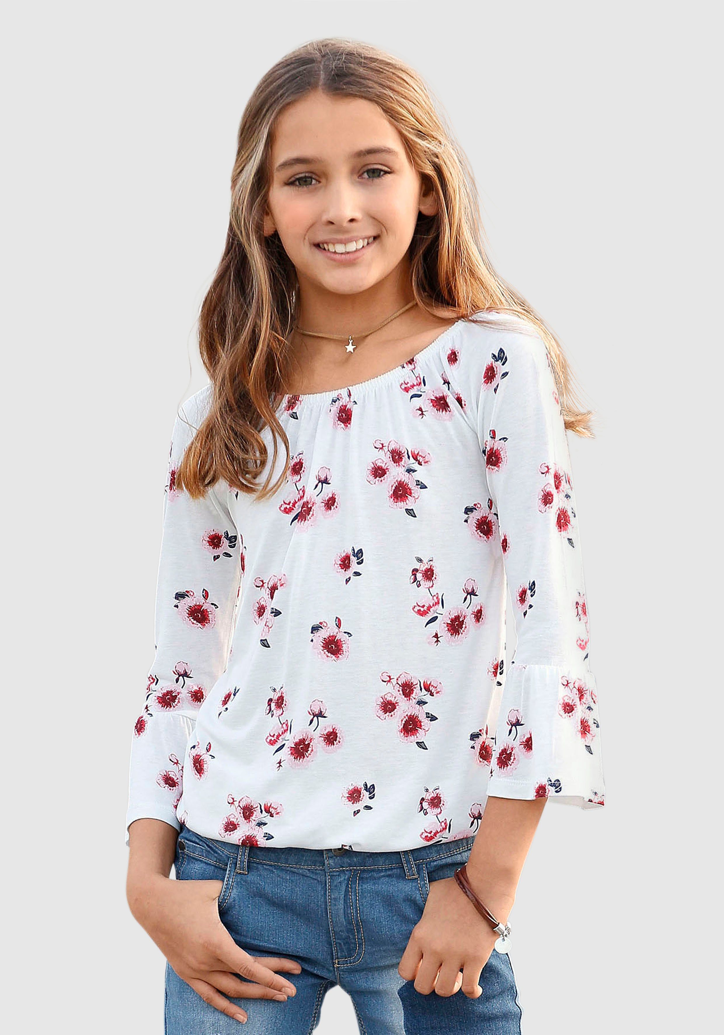 KIDSWORLD Carmenshirt Viskose-Shirt mit Trompetenärmel und Blumendruck