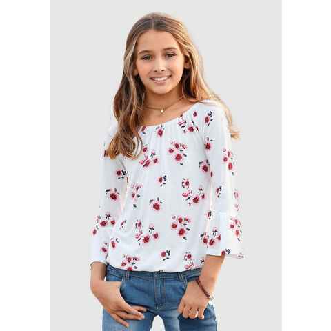 KIDSWORLD Carmenshirt Viskose-Shirt mit Trompetenärmel und Blumendruck