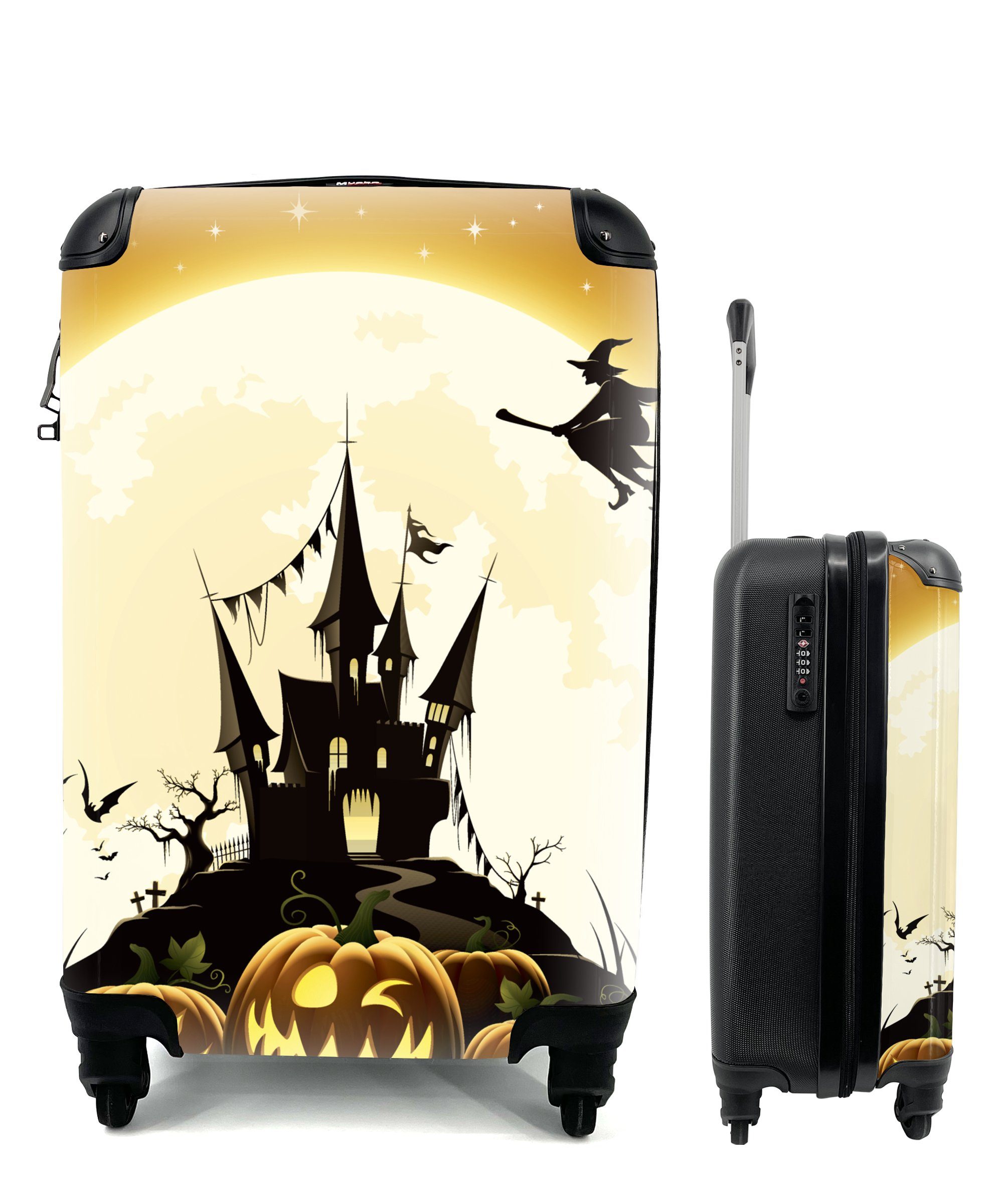 MuchoWow Handgepäckkoffer Eine Illustration einer Hexe, die zu Halloween über ein Schloss fliegt, 4 Rollen, Reisetasche mit rollen, Handgepäck für Ferien, Trolley, Reisekoffer