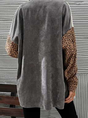 AFAZ New Trading UG Cardigan Damen-Pullover mit Leopardenmuster, grau, mittellang, langärmelig