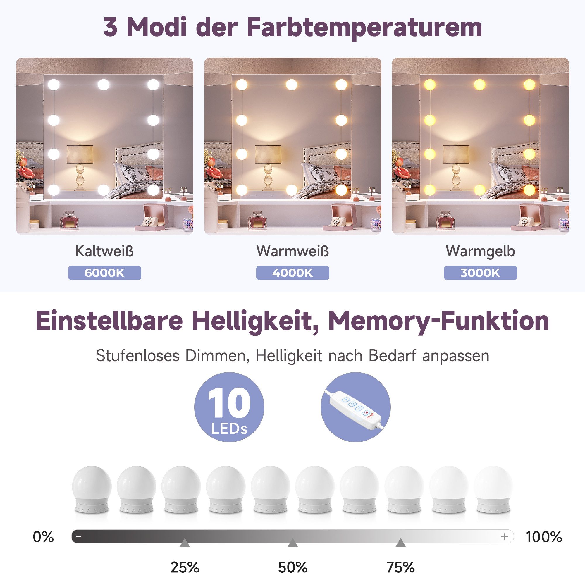 SONNI Schminktisch Eckschminktisch mit/ohne LED-Beleuchtung, Weiß & Schwarz, Eck-Schminktisch, mit LED-Beleuchtung und Spiegel, 110 x 141.5 cm – Bild 3 von 5