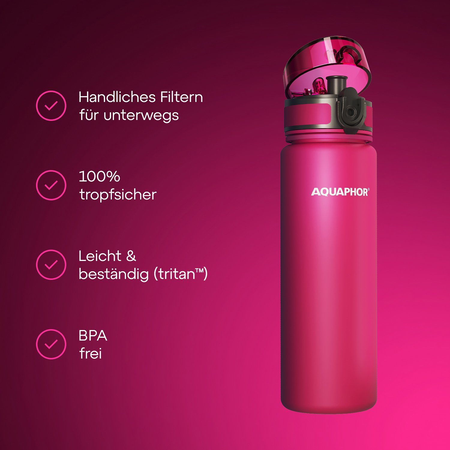 AQUAPHOR Trinkflasche CITY Flasche mit Wasserfilter für unterwegs, 500ml. I, 500ml. I Filter mit Aktivkohle I Aus Tritan & BPA-frei, Farbe: pink