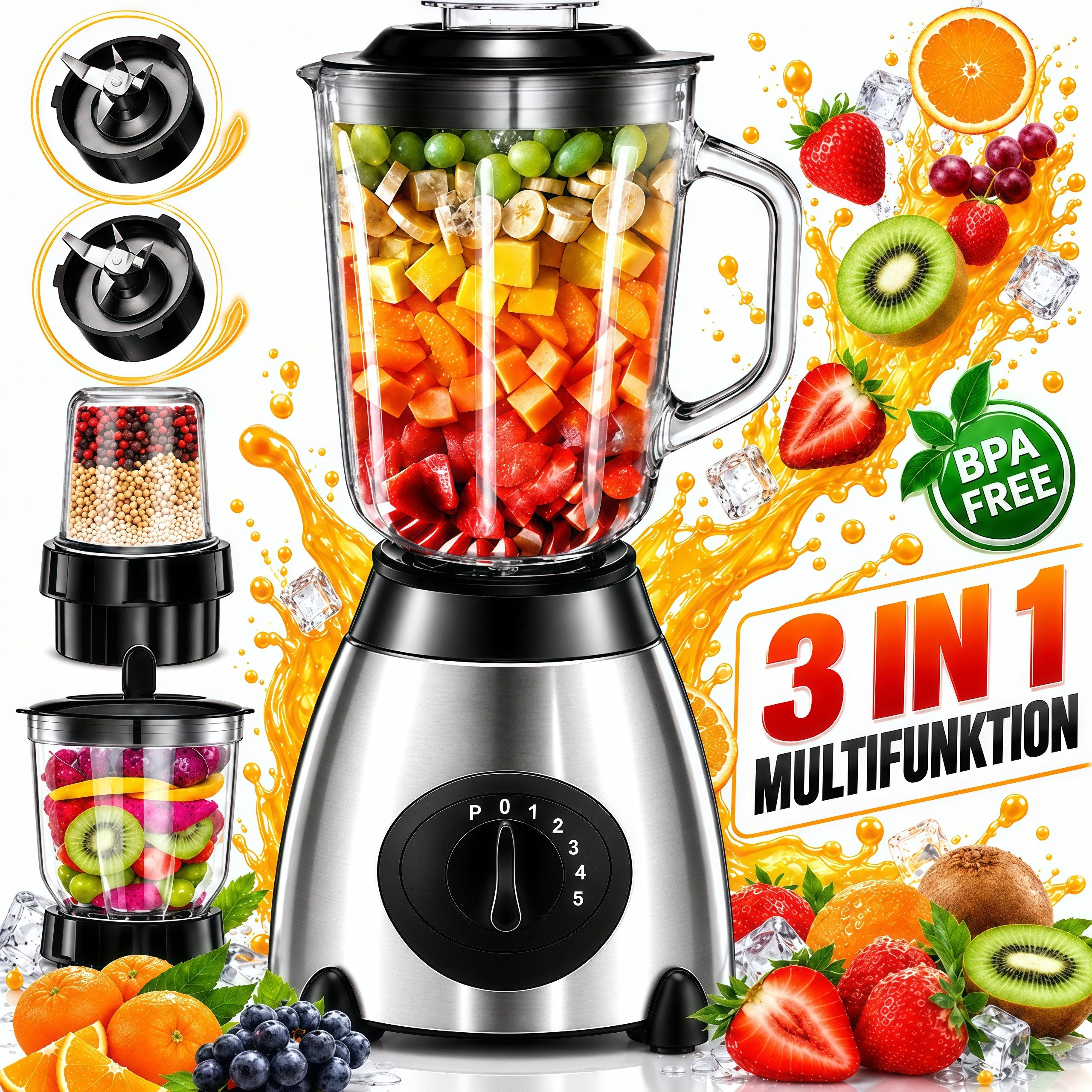 Forrlite Standmixer 2026 Neu Standmixer,Mixer VitaBoost,Edelstahl Silber Glas Smoothie, 2000 W, Maker,Milchshaker Blender 1,5 L,Eiscrusher,6-Klingen für Ice Püree