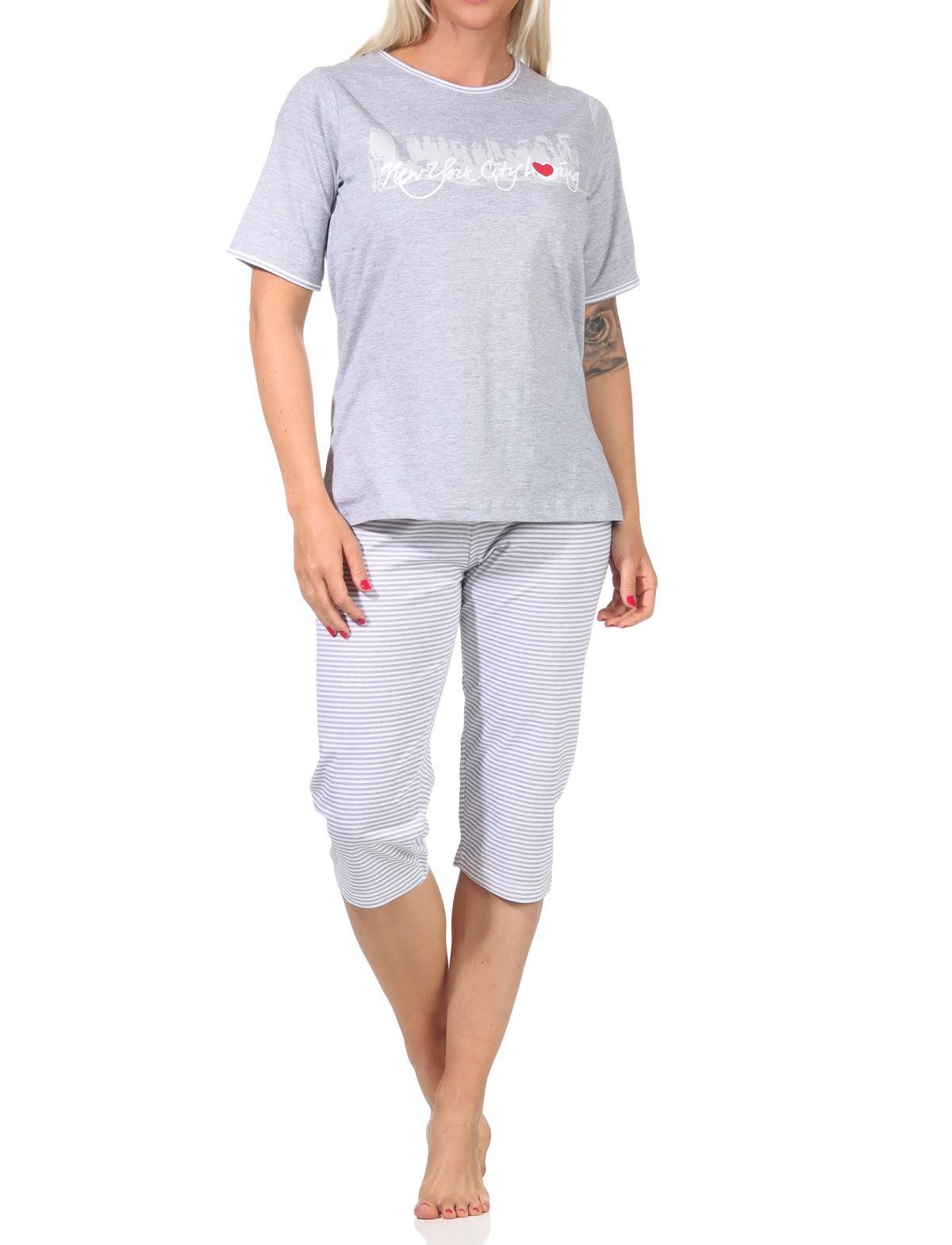Normann Pyjama Damen Capri-Schlafanzug mit 3/4-Hose + Frontprint
