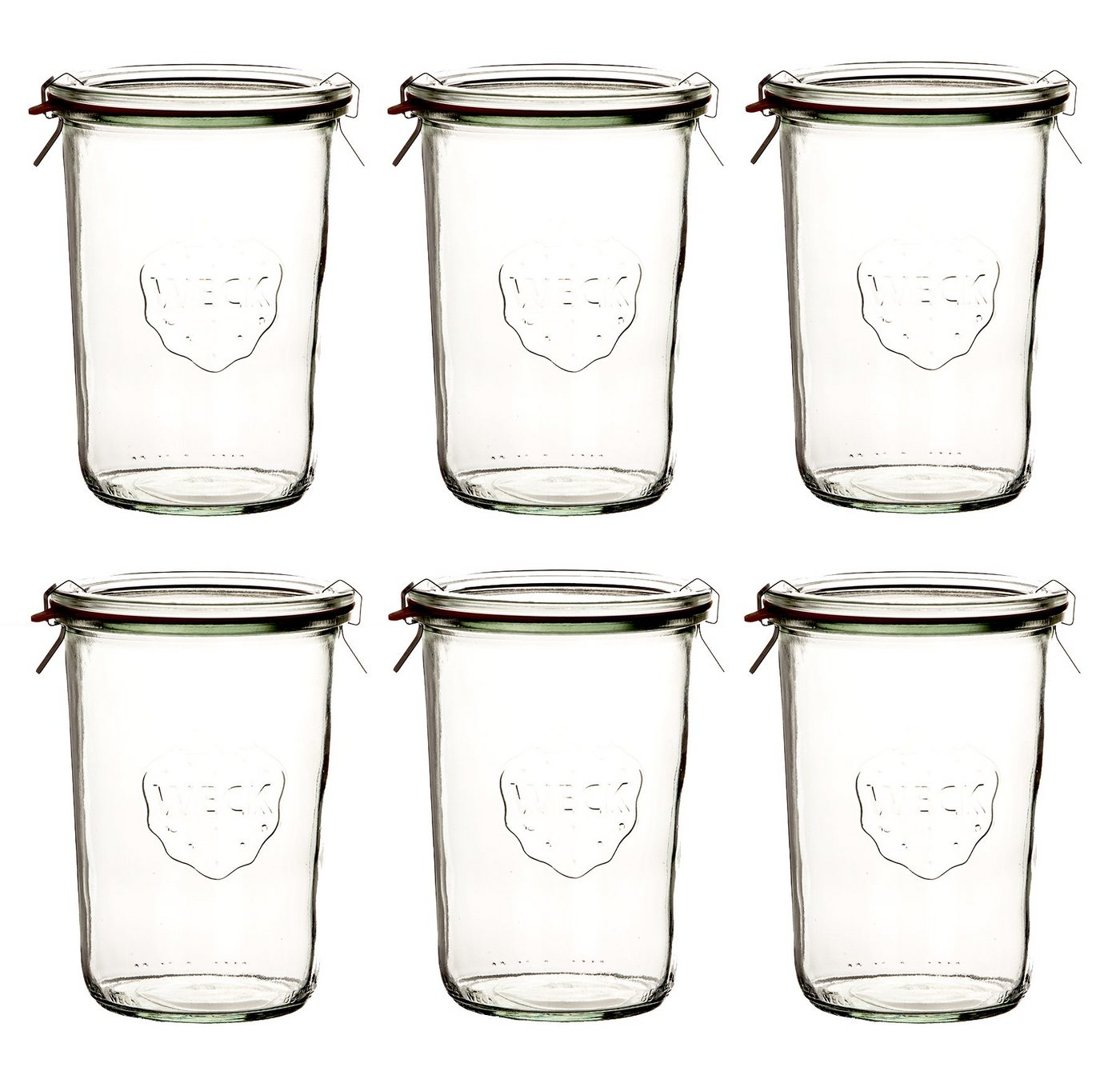 WECK Vorratsglas 6x WECK-Sturzglas 850ml (3/4 Liter) mit Gummiring, Glas, (Set, 6-tlg., 6 Gläser, 6 Klammern, 6 Dichtringe, 6 Glasdeckel), 6 Einweckgläser 850ml inkl. Dichtringen, Klammern & Glas-Deckeln