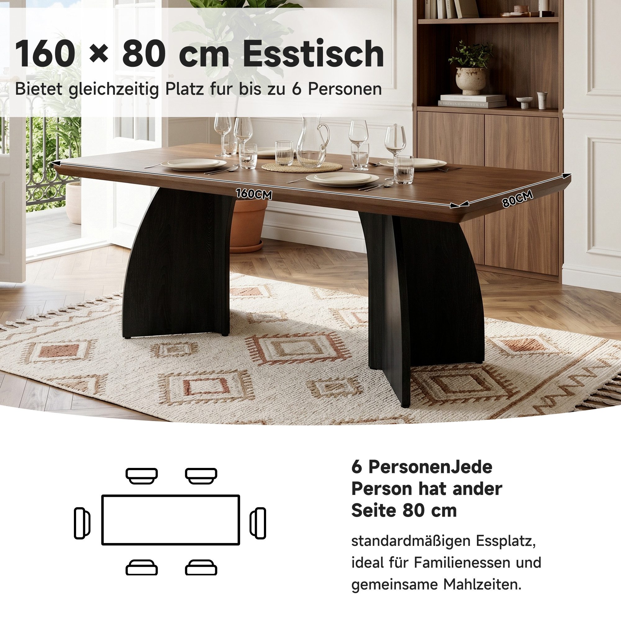 kowdom Esstisch 160x80cm 4-6 Pers. 4cm Platte wasserfest kratzfest Walnuss (Tisch), Wasserfest, Kratzfest, 4 cm dicke Tischplatte