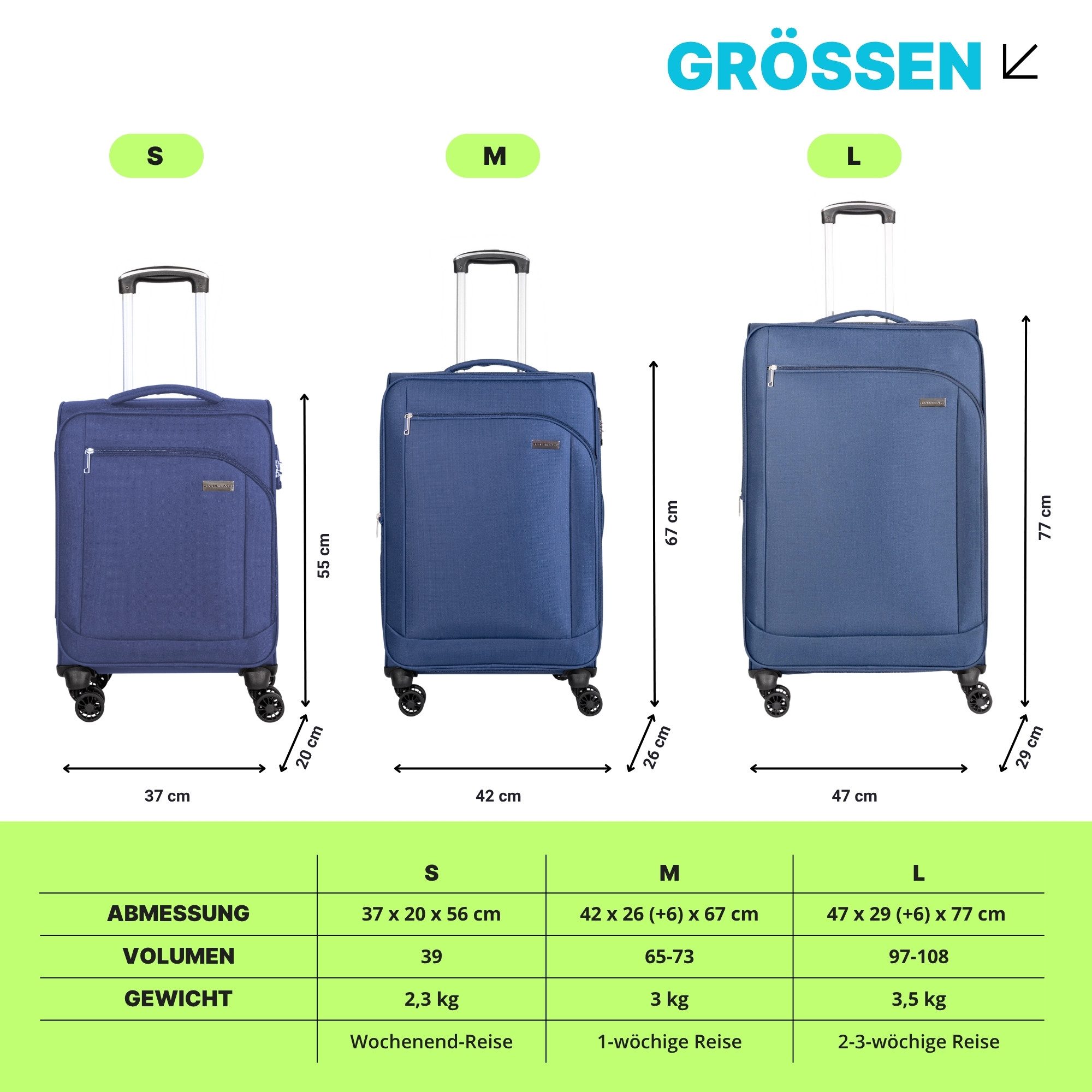 Crosstravel Trolleyset Monterey, 4 Rollen, (3 tlg., Weichgepäck Trolley Set), Volumenerweiterung bei Größe M+L