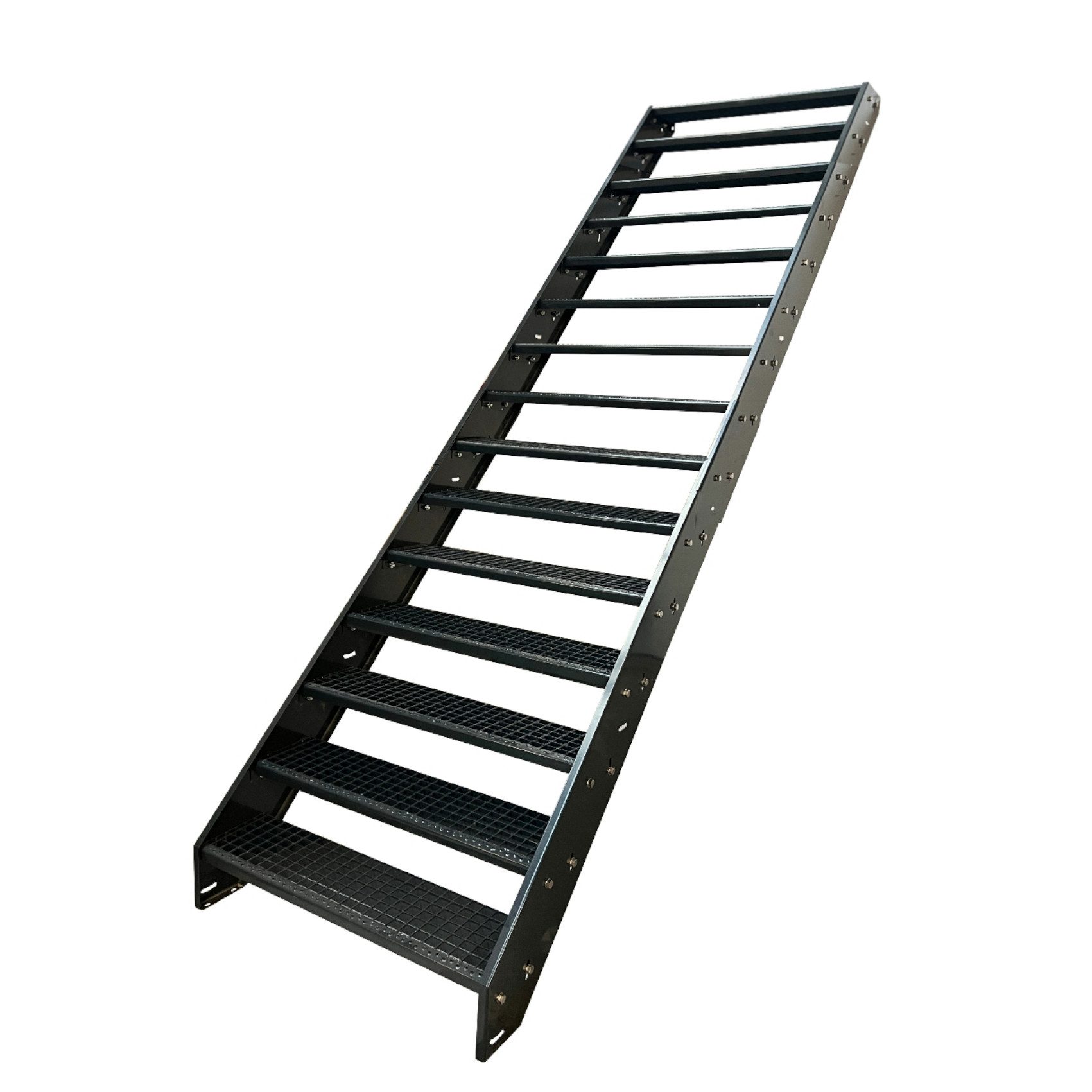 Kaminbau Mierzwa Außentreppe Stahltreppe 15 Stufen Anthrazit mit und ohne Geländer Höhe 285 cm, für Geschosshöhen bis 285 cm, Stufen Gitterroststufen nach DIN 24531, (Stufenbreite und Geländerart wählbar), Aus Premium Materialien hergestellt