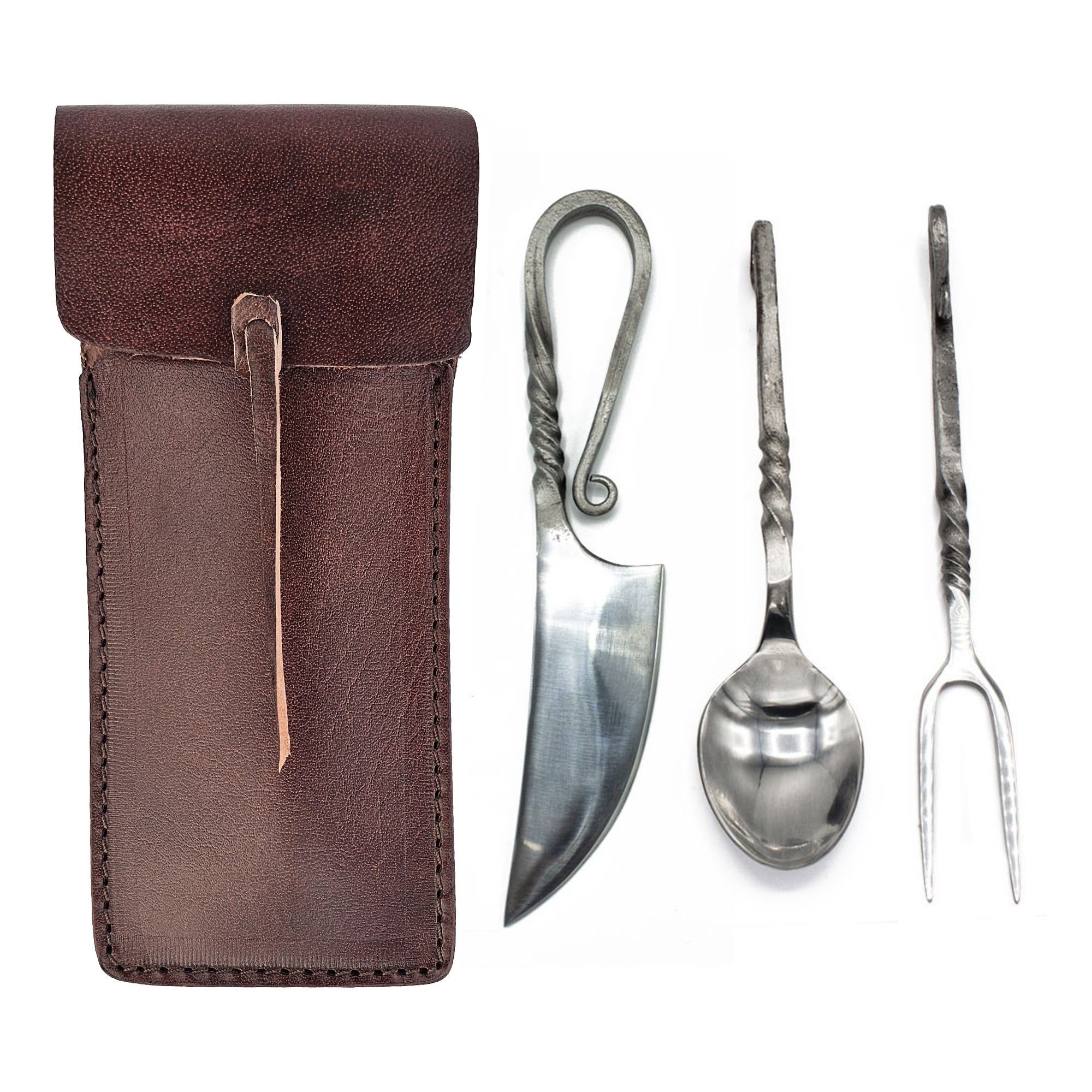 Besteck-Set Fuhrmannsbesteck Messer Gabel Löffel Edelstahl mit Ledertasche