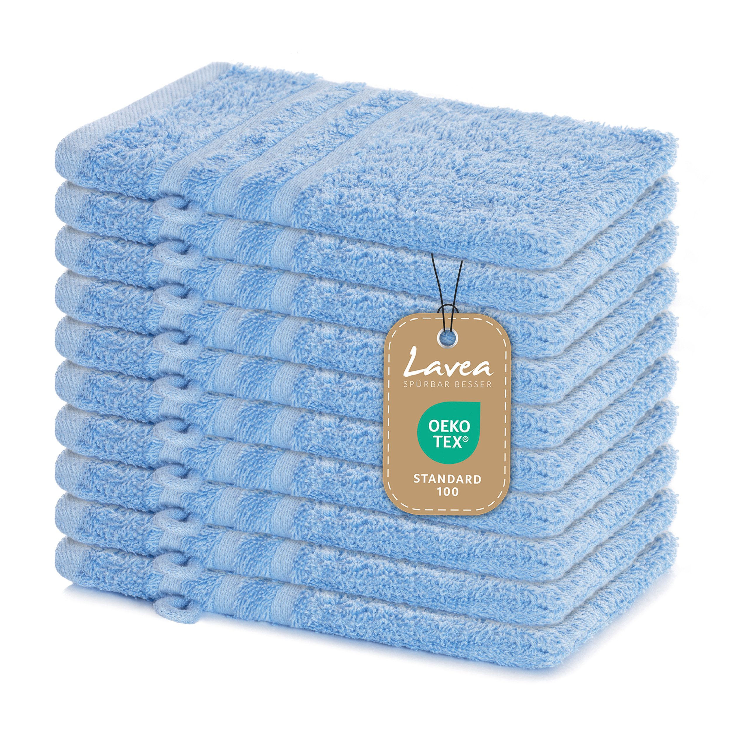 Lavea Waschhandschuh 10er Set Waschhandschuhe, 15 x 21 cm, Elena-Frottierserie, Waschlappen, 100% Baumwolle (10er Set), 500 g/m² Frottier, weich & saugstark, pflegeleicht