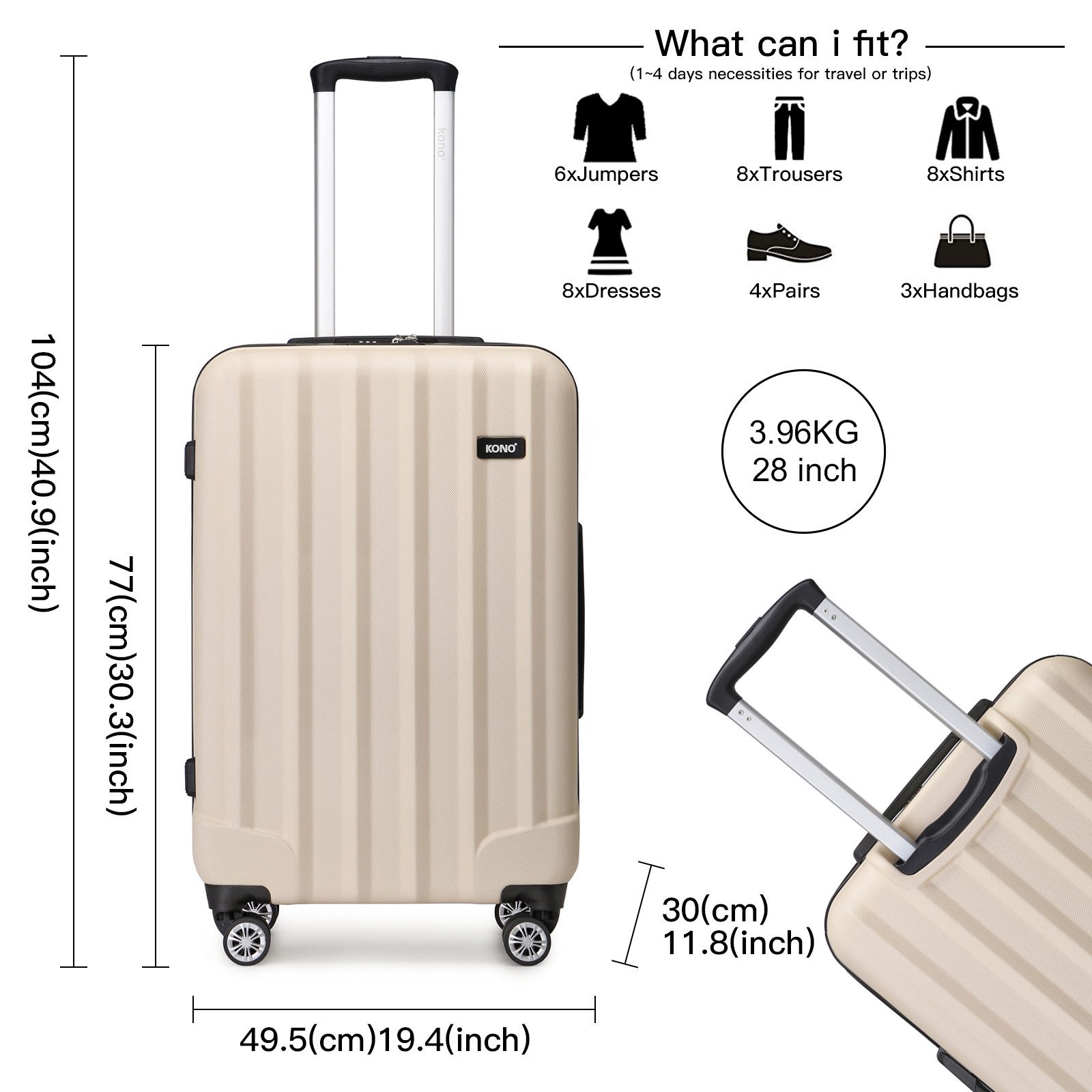 KONO Hartschalen-Trolley Hartschalen Trolley Koffer mit 4 Rollen und Zahlenschloss –Reisekoffer