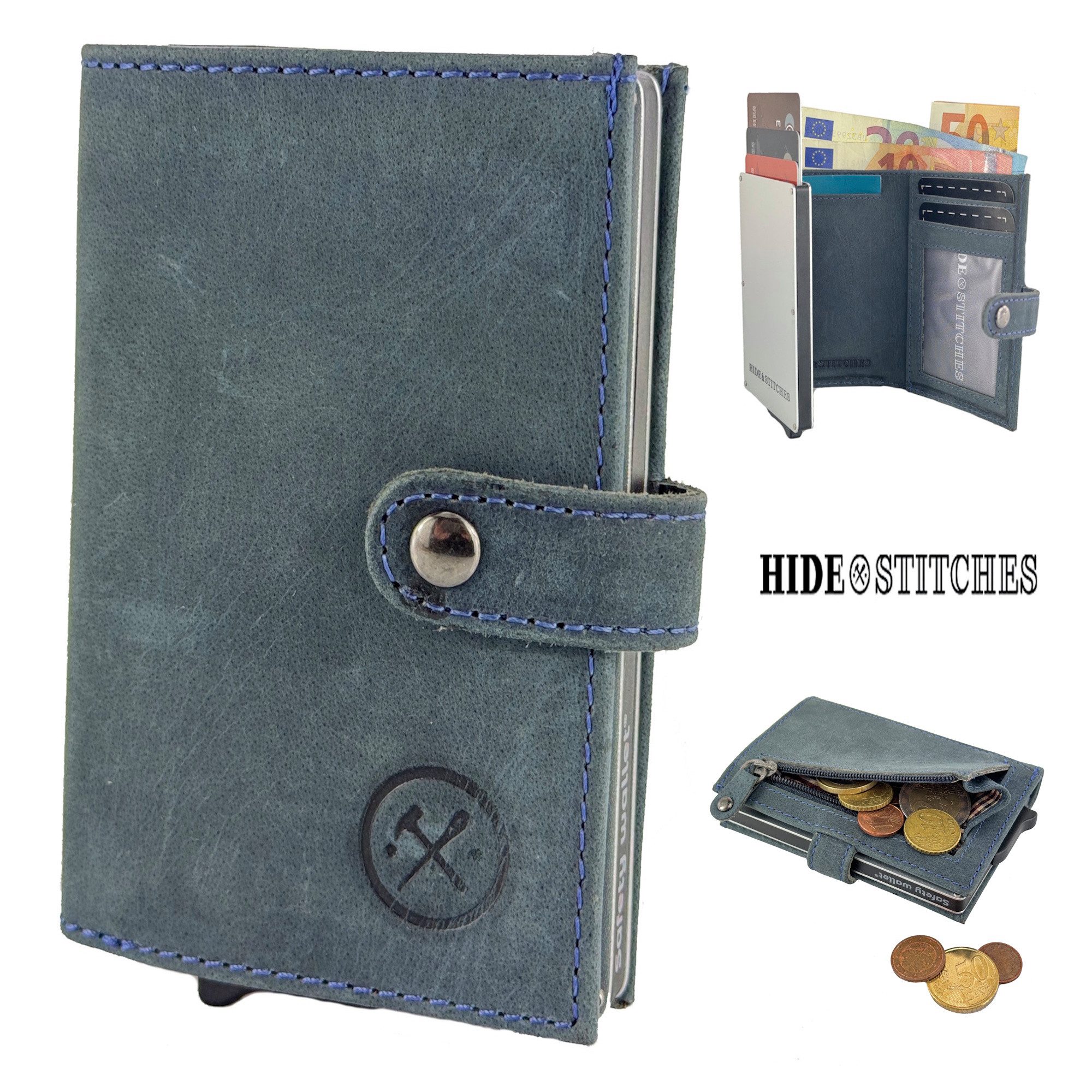 Hide & Stitches Geldbörse Slim Wallet mit Münzfach, Scheinfach & RFID-Schutz, Kartenetui, / Cardholder für bis zu 7 Karten + 2 Kartenfächer + 1 Klarsichtfach