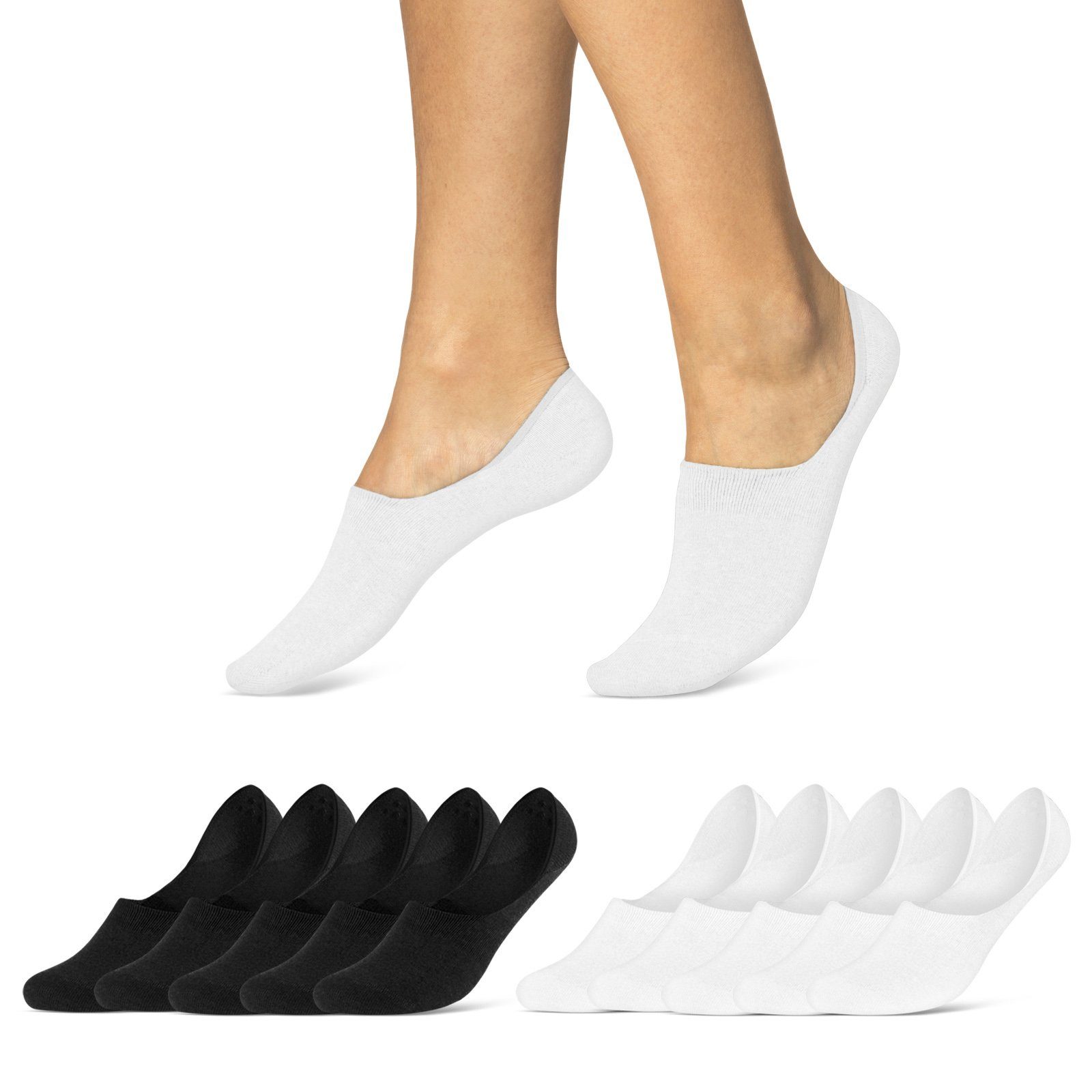 sockenkauf24 Füßlinge 10 Paar Premium Füßlinge aus gekämmter Baumwolle Damen & Herren (Schwarz/Weiß, 39-42) Sneaker Socken ohne drückende Naht (Exclusive Line) - 70103T WP