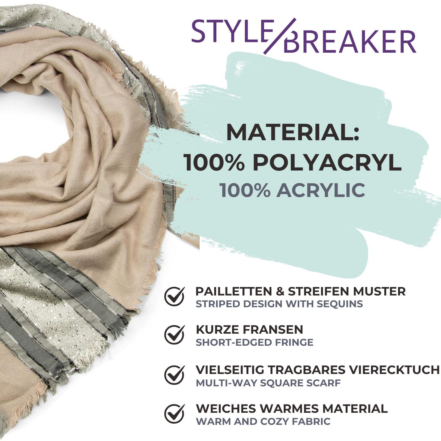 styleBREAKER Modetuch Vierecktuch mit Pailletten Streifen, (1-St)
