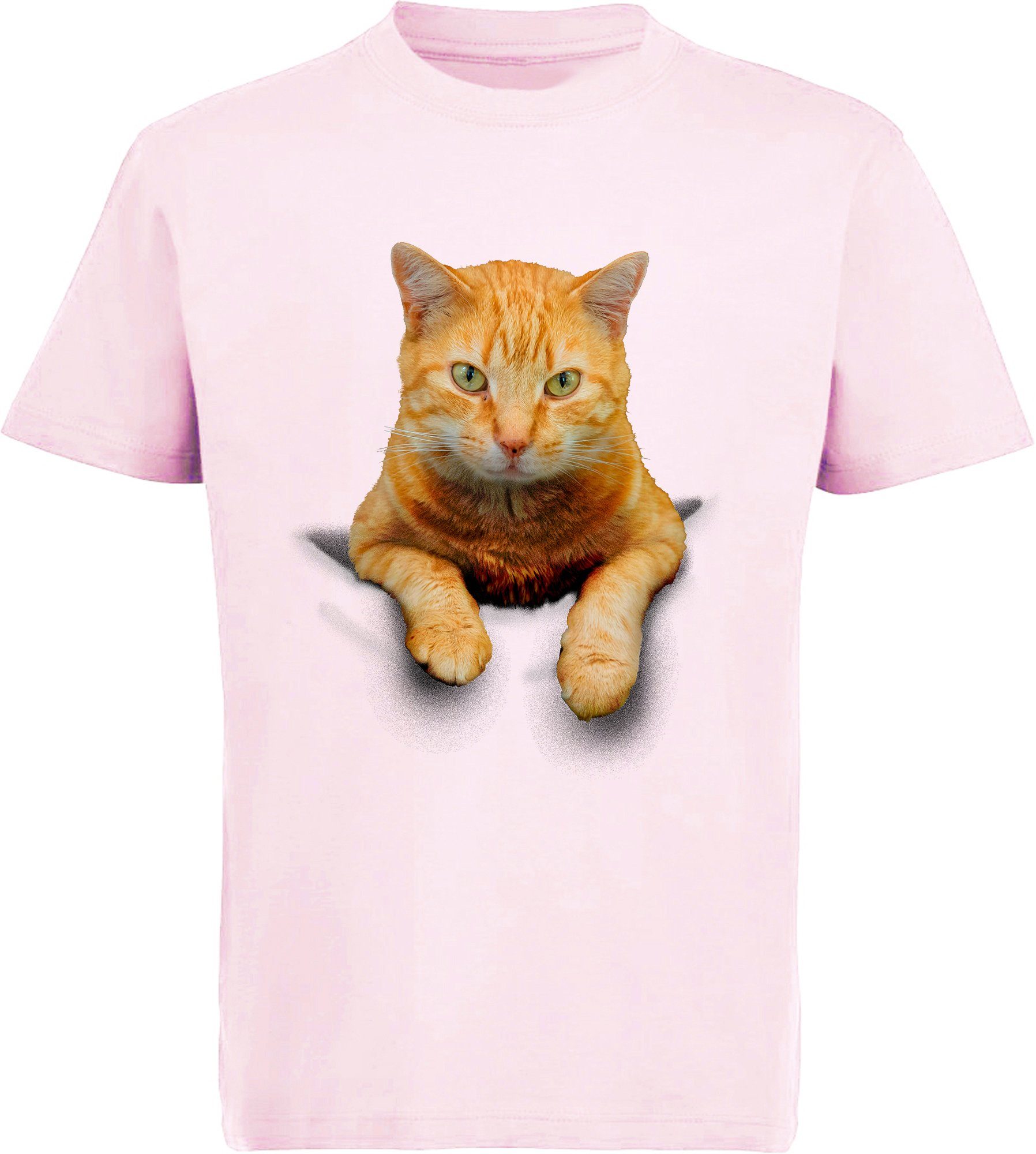 MyDesign24 Print-Shirt bedrucktes Mädchen T-Shirt Katze in der Tasche Baumwollshirt mit Katze, weiß, schwarz, rot, rosa, i109
