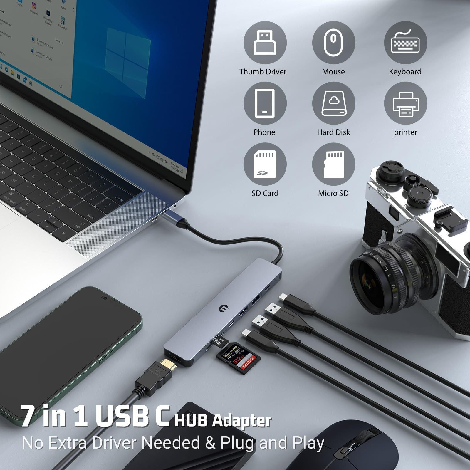Solarandmore USB-C Hub 7-in-1 mit HDMI, PD, USB 3.0, SD/TF – Adapter USB-Adapter USB-C Stecker zu USB-C, HDMI, USB 3.0, SD, TF, Kompakt, 4K HDMI, PD Laden, Plug & Play, leicht
