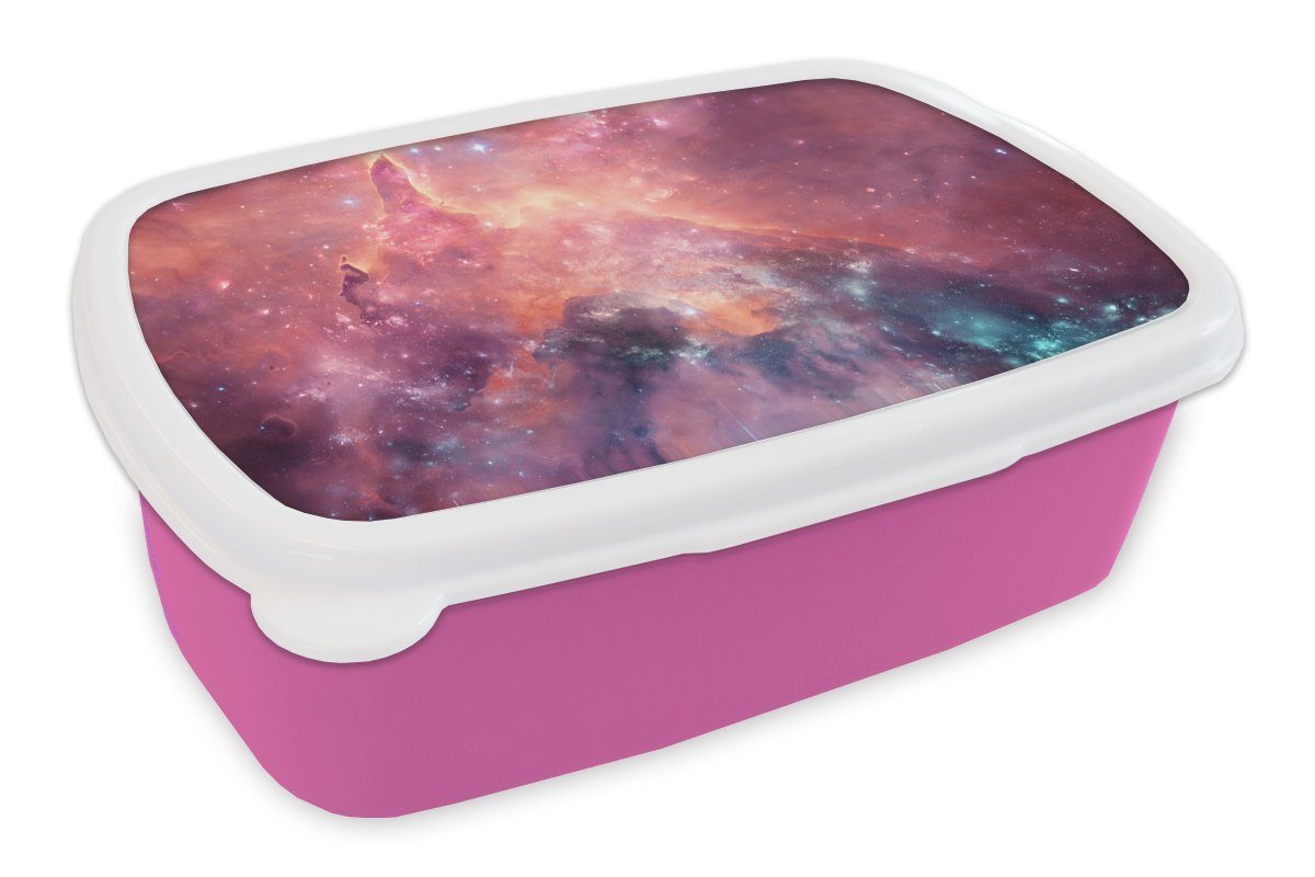 MuchoWow Lunchbox Weltraum - Orange - Sterne, Kunststoff, (2-tlg), Brotbox für Erwachsene, Brotdose Kinder, Snackbox, Mädchen, Kunststoff rosa