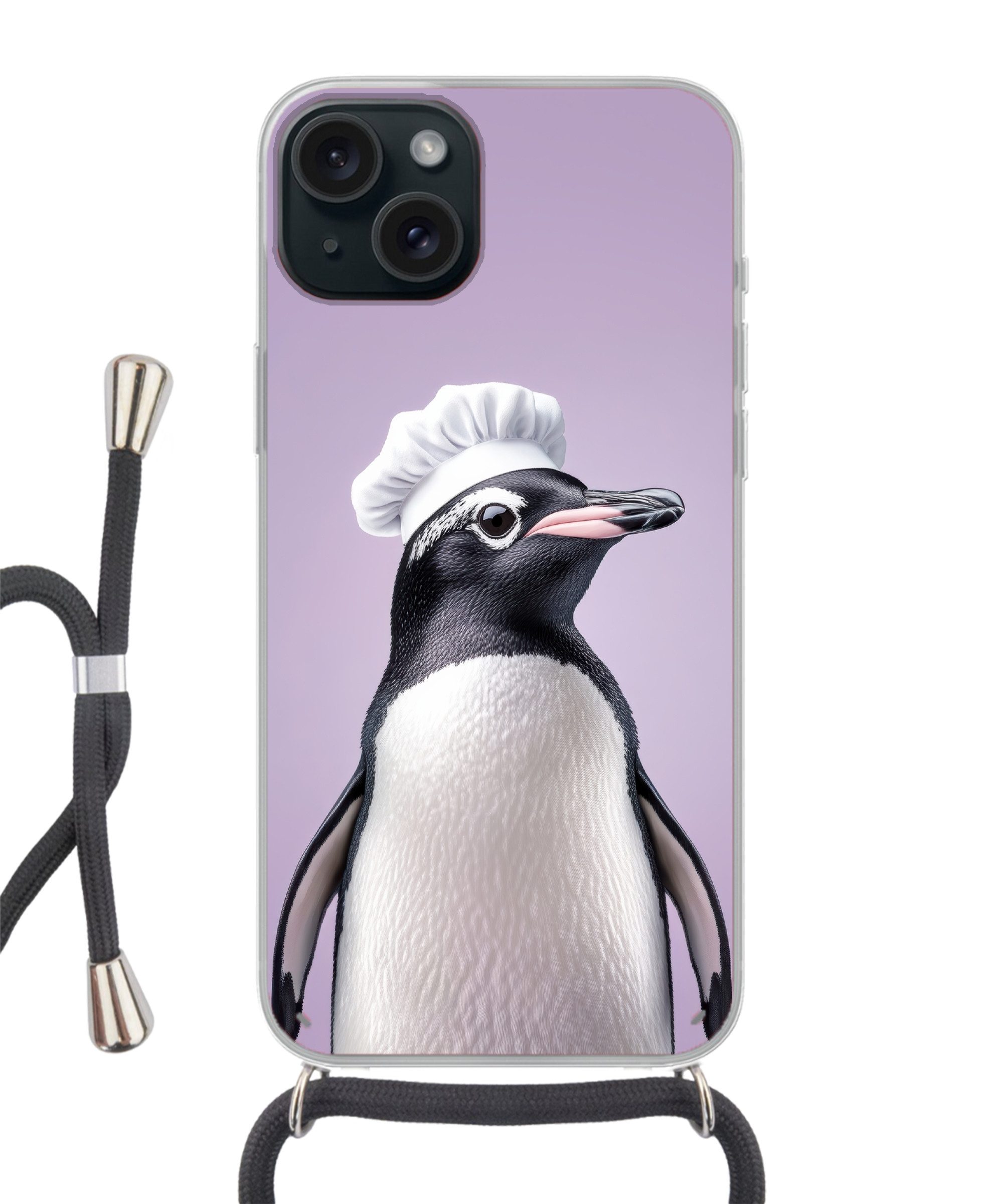 MuchoWow Handyhülle für Apple iPhone 15 Plus Pinguin - Kochmütze - Süß - Lila, Tragbare Handyhüllen mit Kette zum umhängen, Handykette Handyband