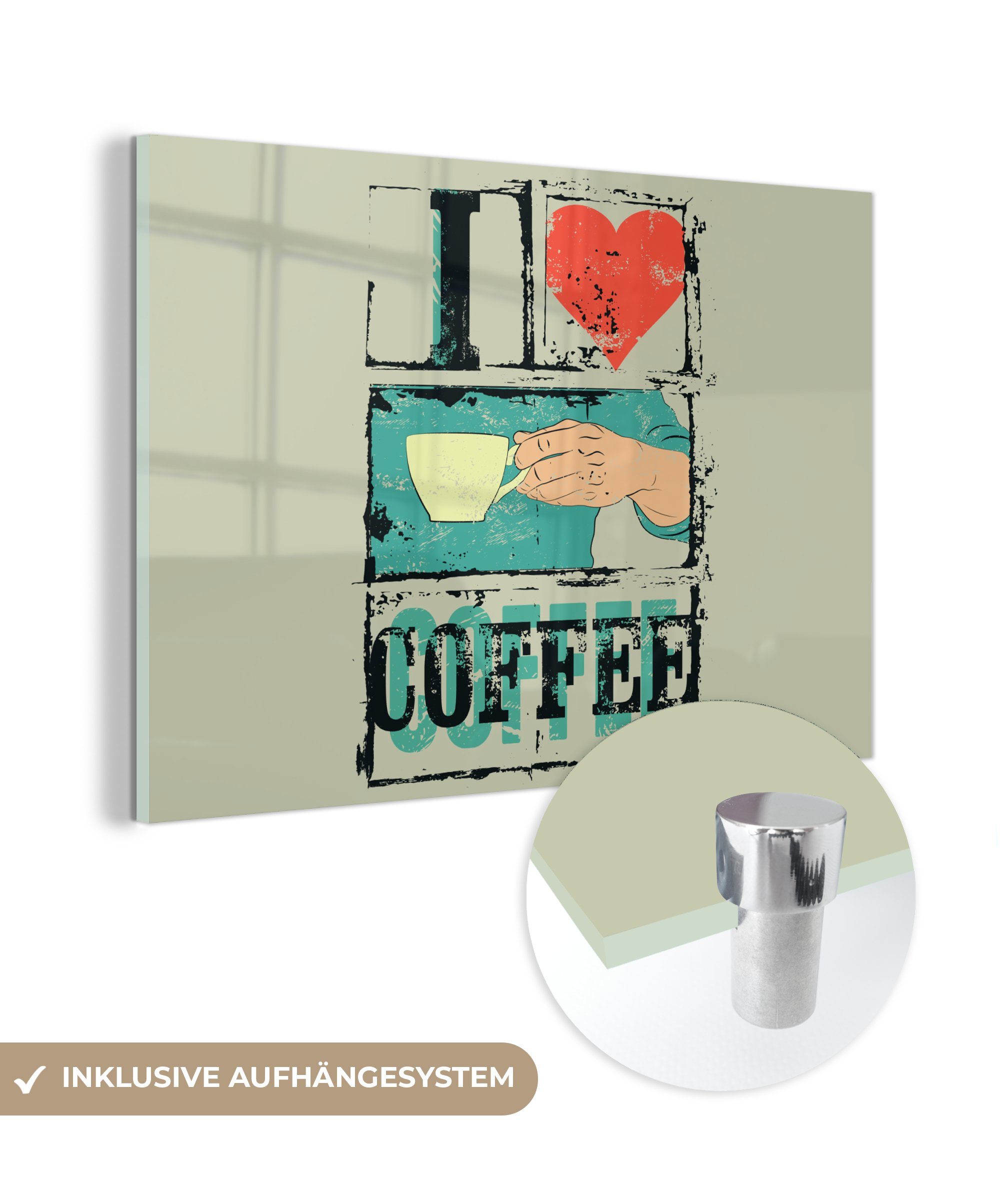 MuchoWow Acrylglasbild Kaffee - Zitate - Vintage - Sprichwörter - Ich liebe Kaffee, (1 St), Acrylglasbilder Wohnzimmer & Schlafzimmer