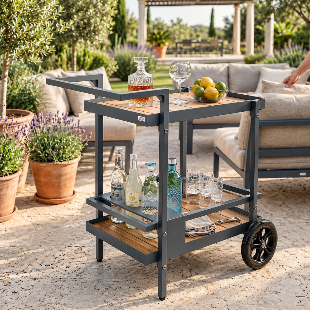 abc HOME Servierwagen Outdoor, zwei Ablageflächen, Flaschenhalterungen