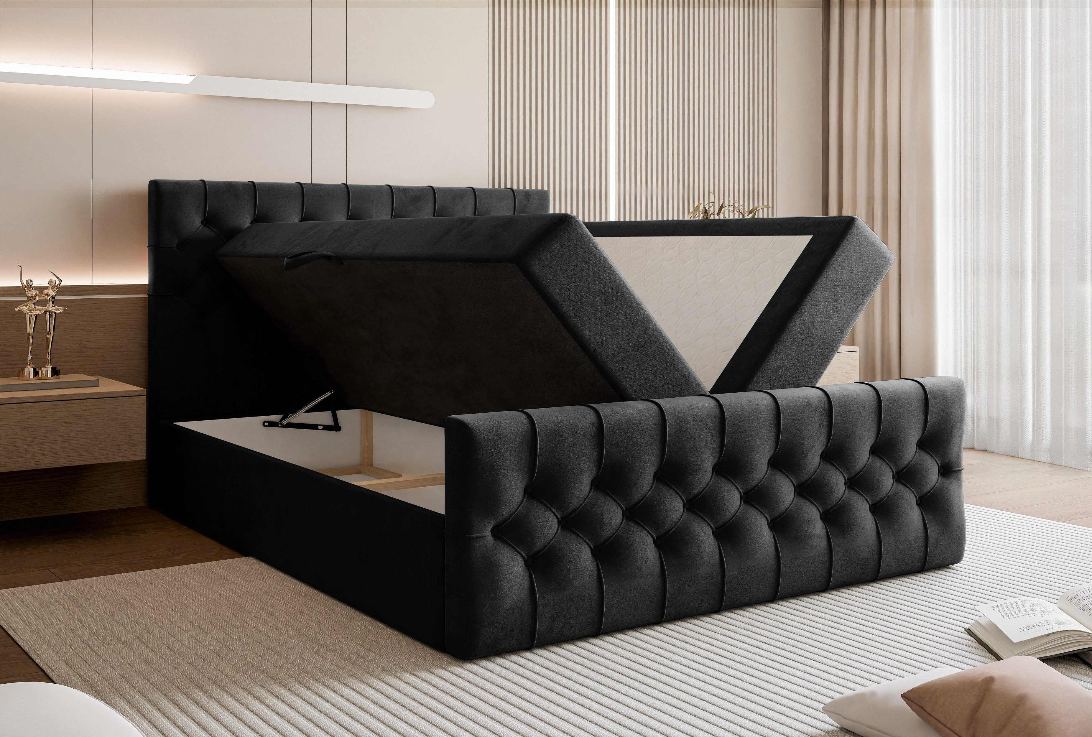 Goldstoff Boxspringbett TAURIEL mit Federkernmatratze & Topper, zwei Bettkästen (von 120 bis 200x200 cm), modernes Doppelbett aus Velvet Stoff mit edlem Kopftei – Bild 5 von 5