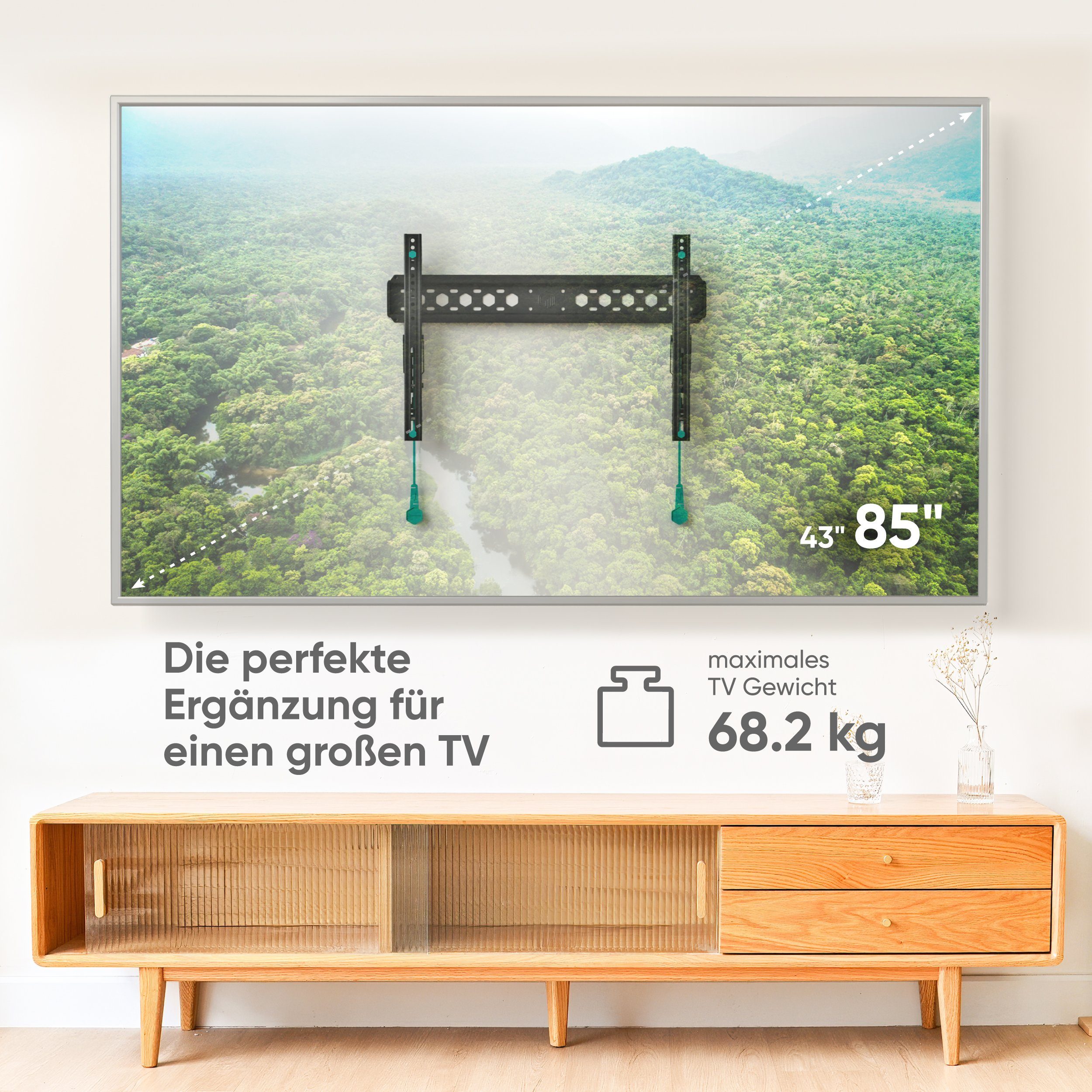 ONKRON TV-Wandhalterung 43-85 Zoll, bis 68 kg, VESA 75x75-600x400, TM6-B, (bis 85,00 Zoll, neigbar, ultra slim, Click’n’Pull-System, Wasserwaage)
