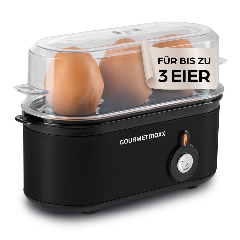 GOURMETmaxx Eierkocher für 3 Eier 210W schwarz, 210 W, mit Messbecher & Eierstecher - kompakt