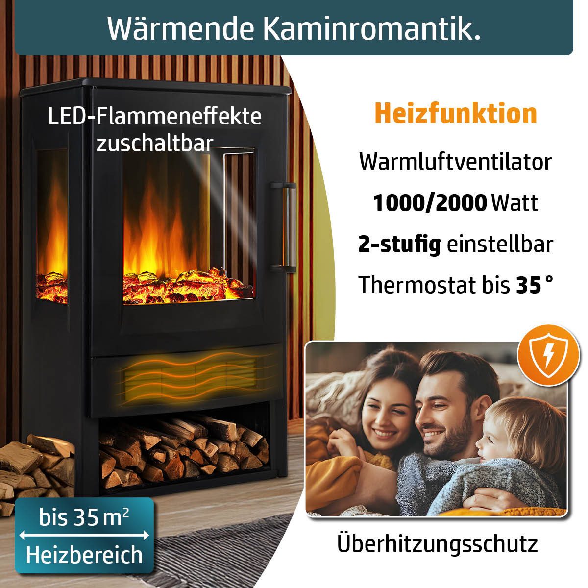 AMBINESS Elektrokamin 2 Heizstufen, 900W - 2000W, LED - 3D Flammeneffekt mit Farbwechsel, inkl. Smart-Home-Steuerung, Fernbedienung Timer & Thermostat