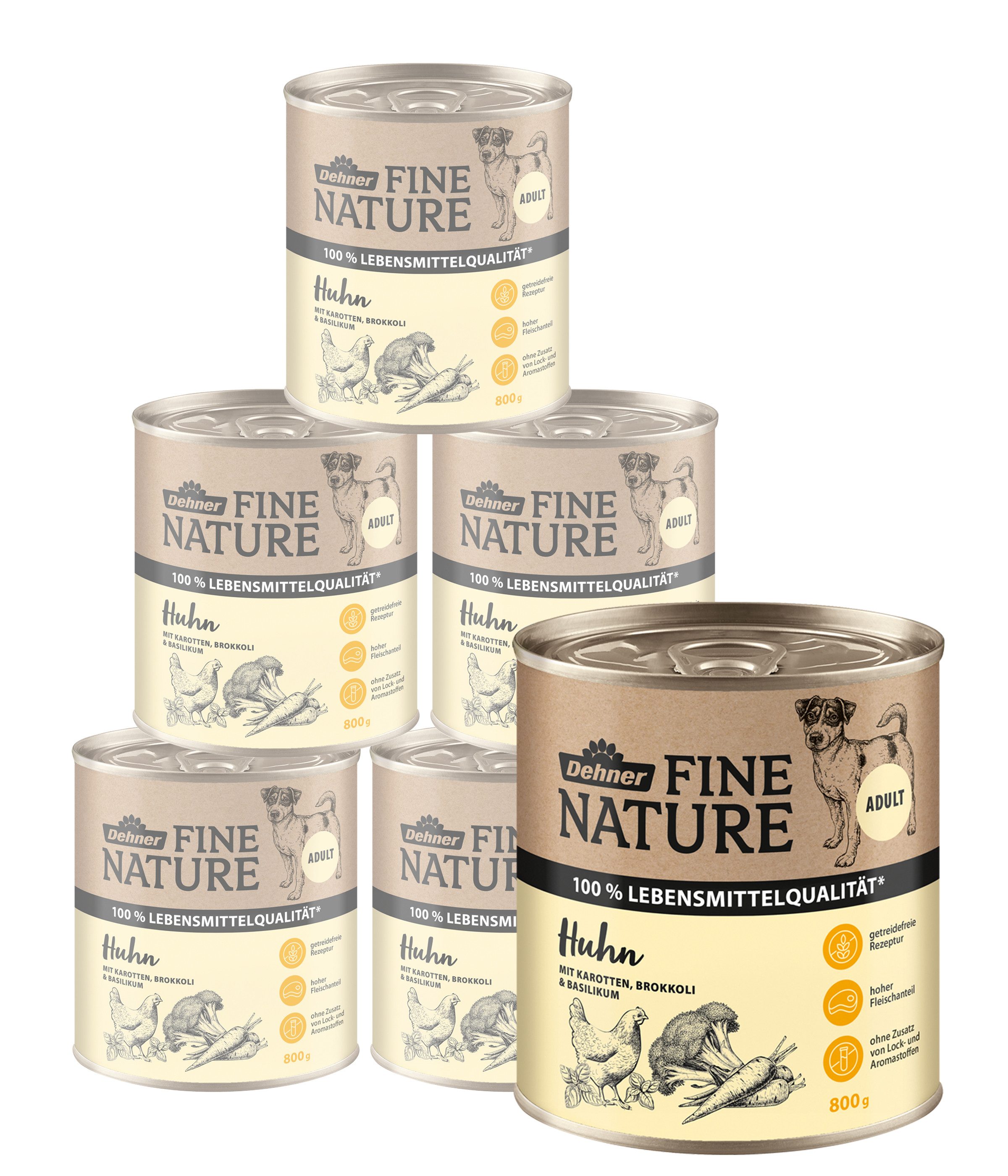 Dehner Fine Nature Adult Huhn, 6 x 200 g / 400 g / 800 g Dose, getreidefrei Huhn, Nassfutter für: Hunde, Nassfutter für ausgewachsene Hunde, Lebensmittelqualität
