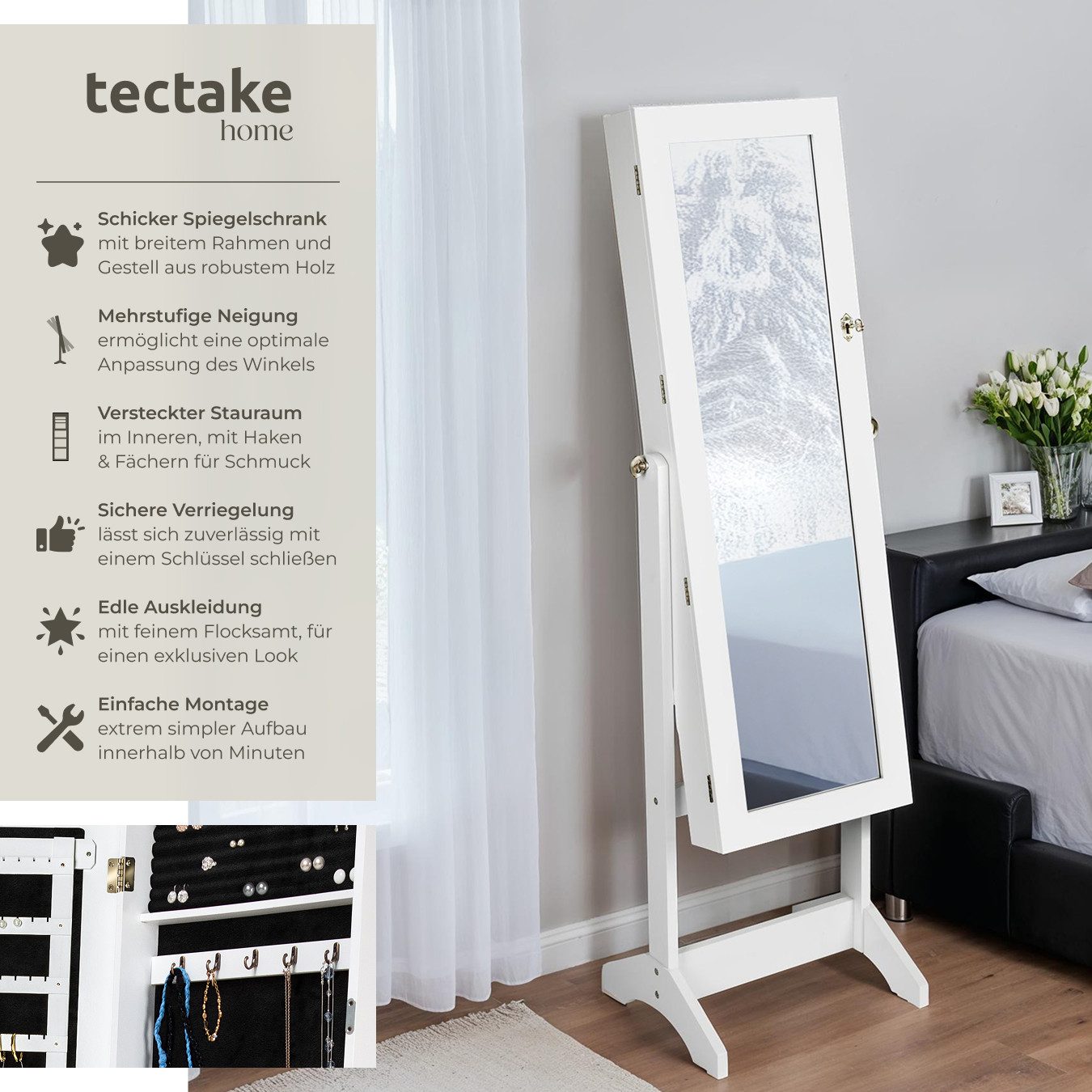 tectake Standspiegel Schmuckschrank , mit Ganzkörperspiegel günstig online kaufen