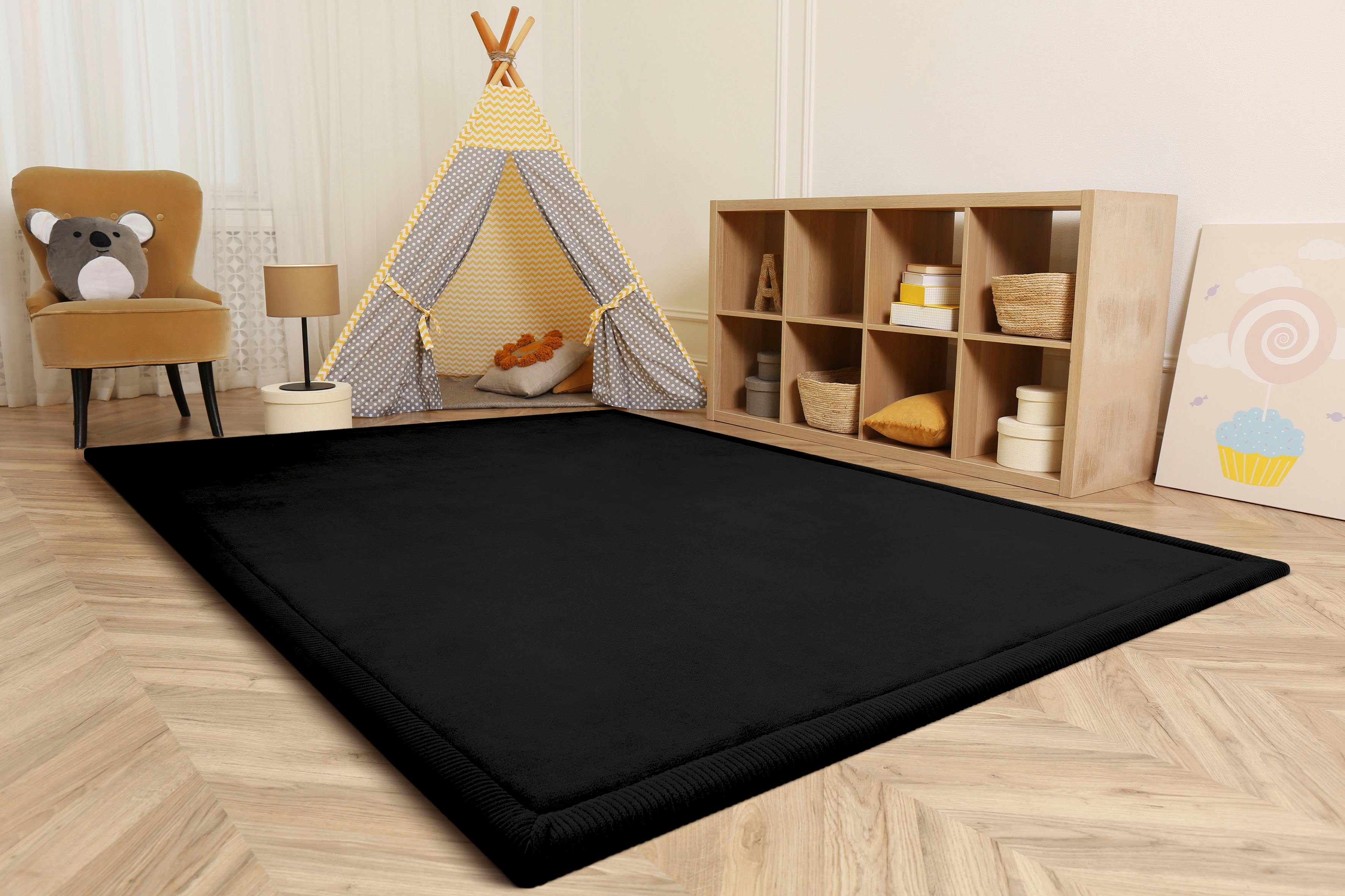 Teppich Tatami 475, Höhe: mm, 24 rechteckig, schwarz Paco Uni-Farben, mit Foam, waschbar Kurzflor, Home, Memory