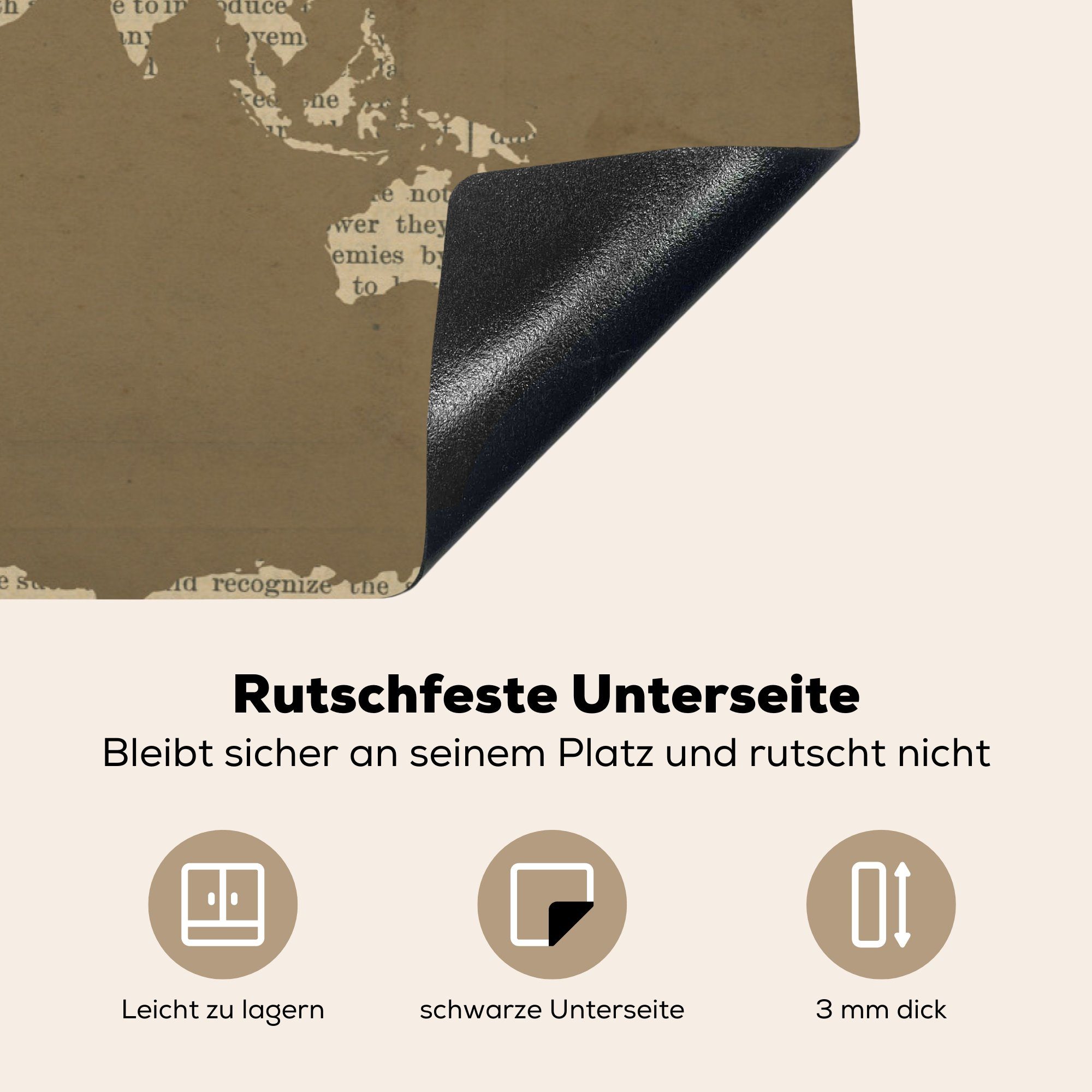 MuchoWow Herdblende-/Abdeckplatte Weltkarte - Buch küche, Vinyl, Ceranfeldabdeckung (1 tlg), Schutz Induktionskochfeld für - die cm, 81x52 Braun