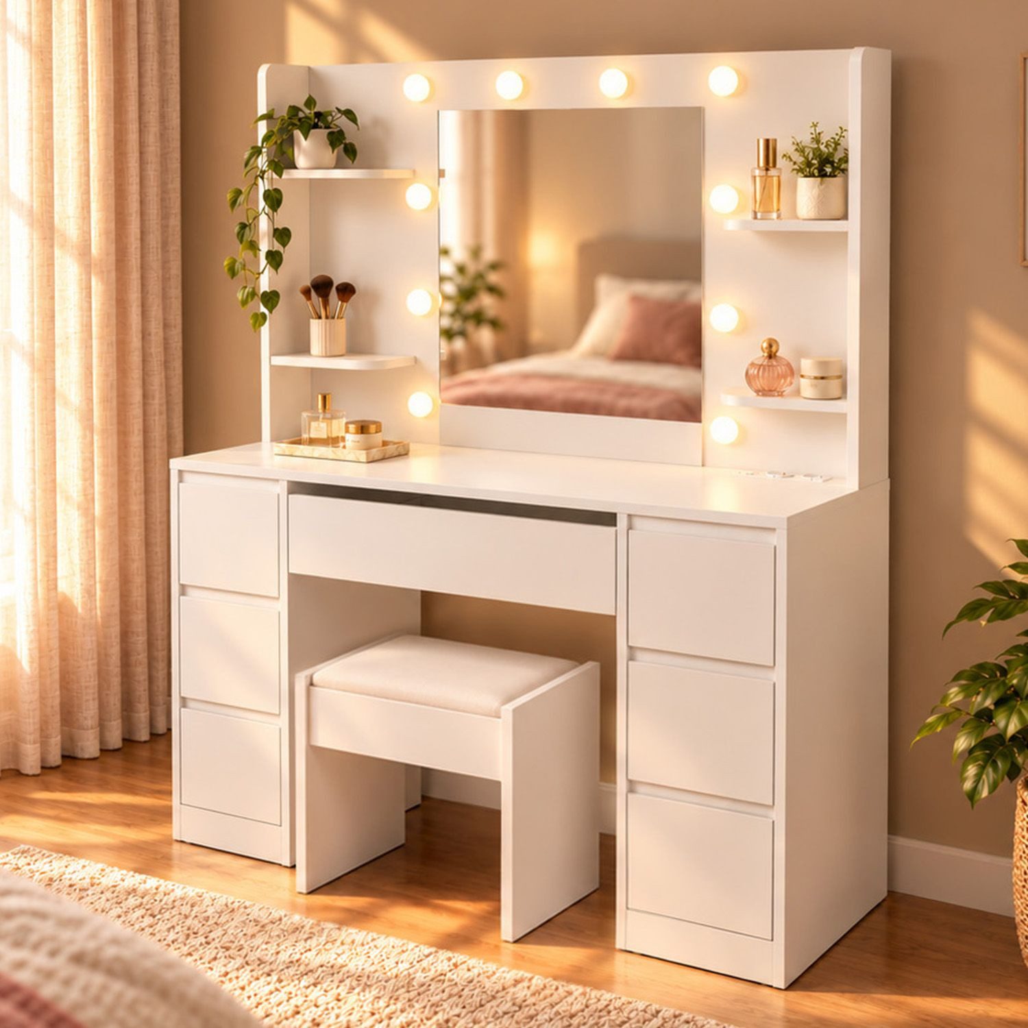 Juskys Schminktisch Malia mit Hocker Melly in Weiß, LED-Spiegel, 7 Schubladen & USB-Port, Frisiertisch mit dimmbaren LEDs in 3 Lichtfarben & offenen Fächern