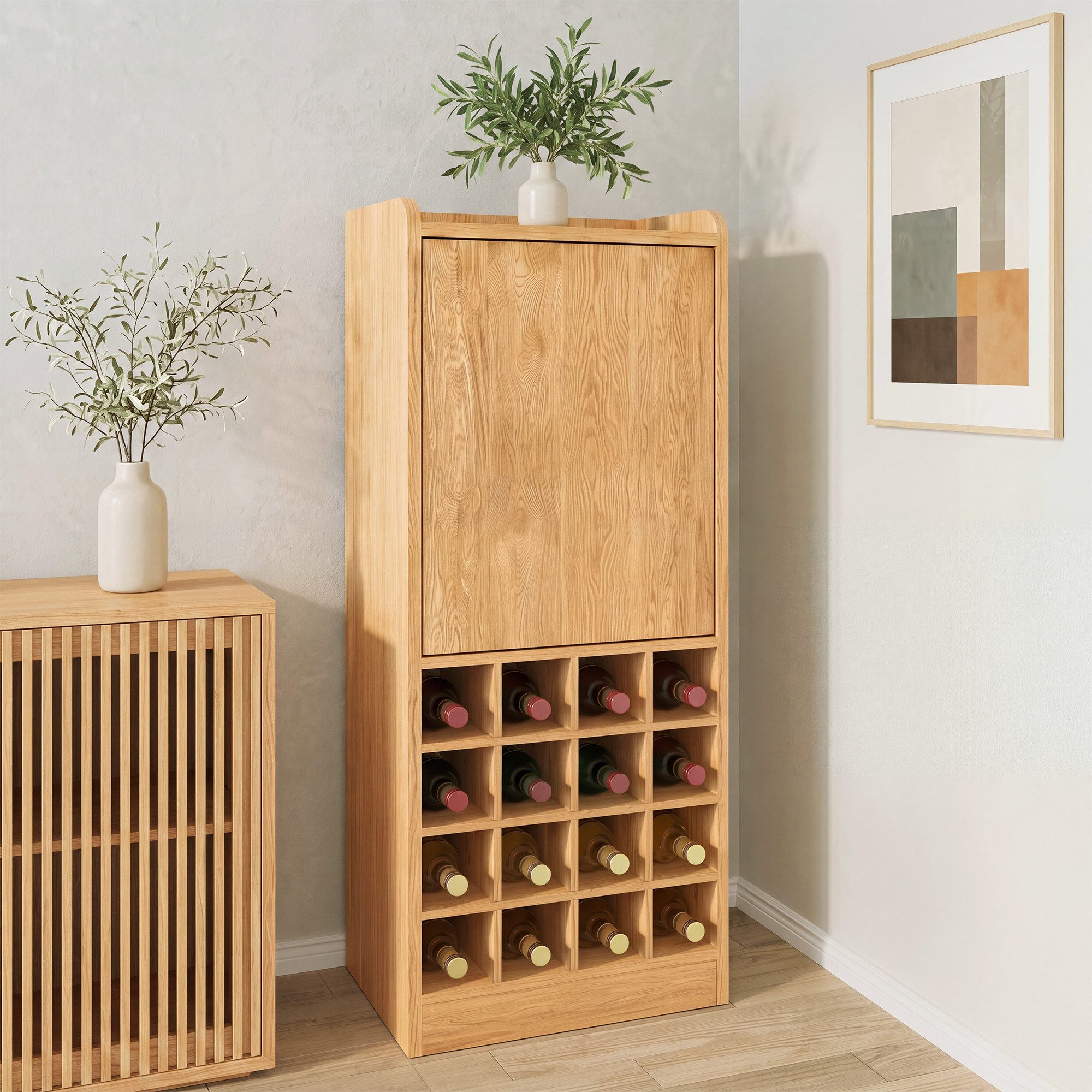 OYRREU Weinregal Flaschenregal mit Schrank, OTTO’S CHOICE, Weinständer 1-tlg. Holzregal 38,8x24,5x96cm, horizontal Weinlagerung 16 Flaschen, Weinflaschenregal viel Stauraum, Holzoptik, Keller Küche Schrank