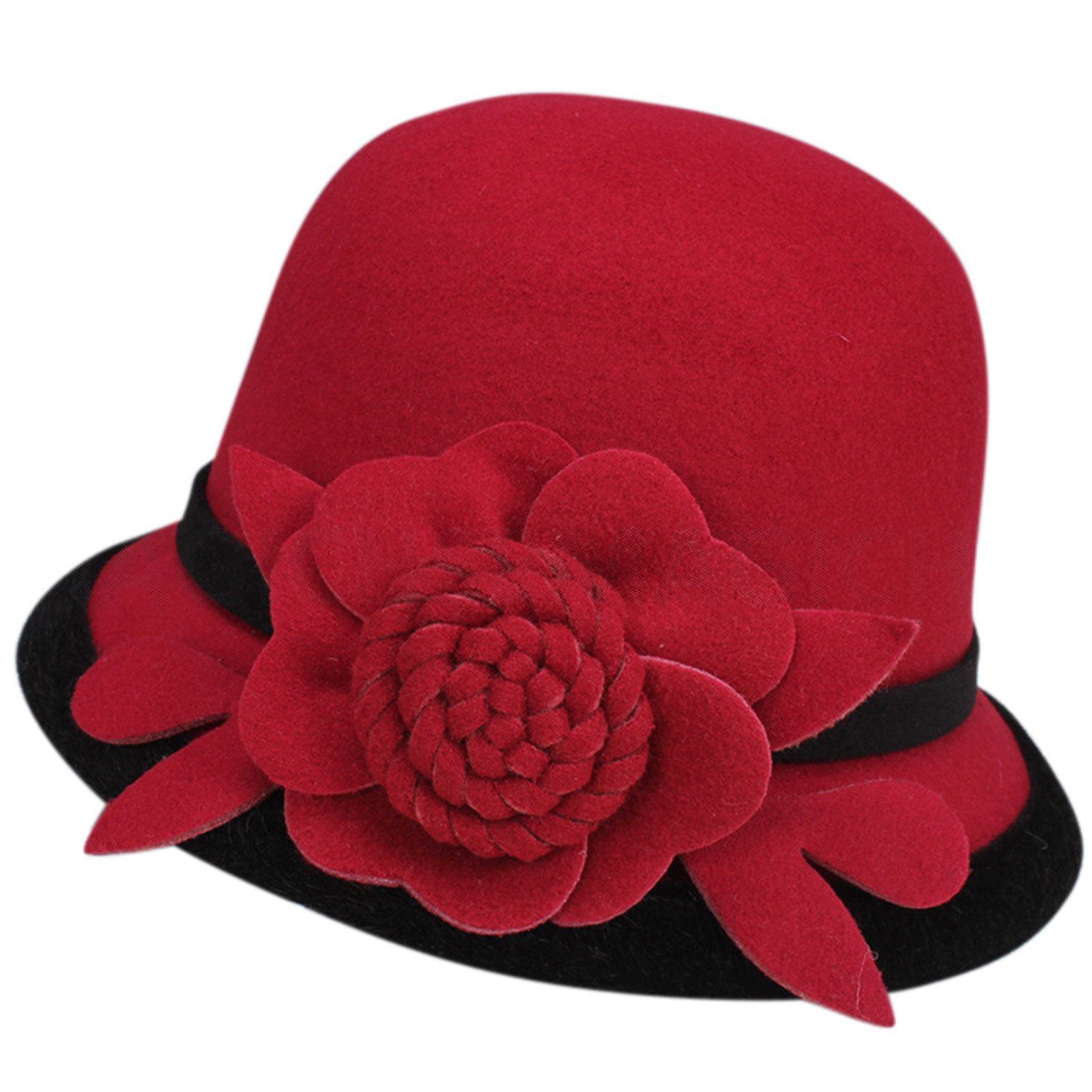 MAGICSHE Fischerhut Damen Filzhut 1920er Jahre Vintage Bowler Hut mit Blume Burgundy | Trachtenhüte