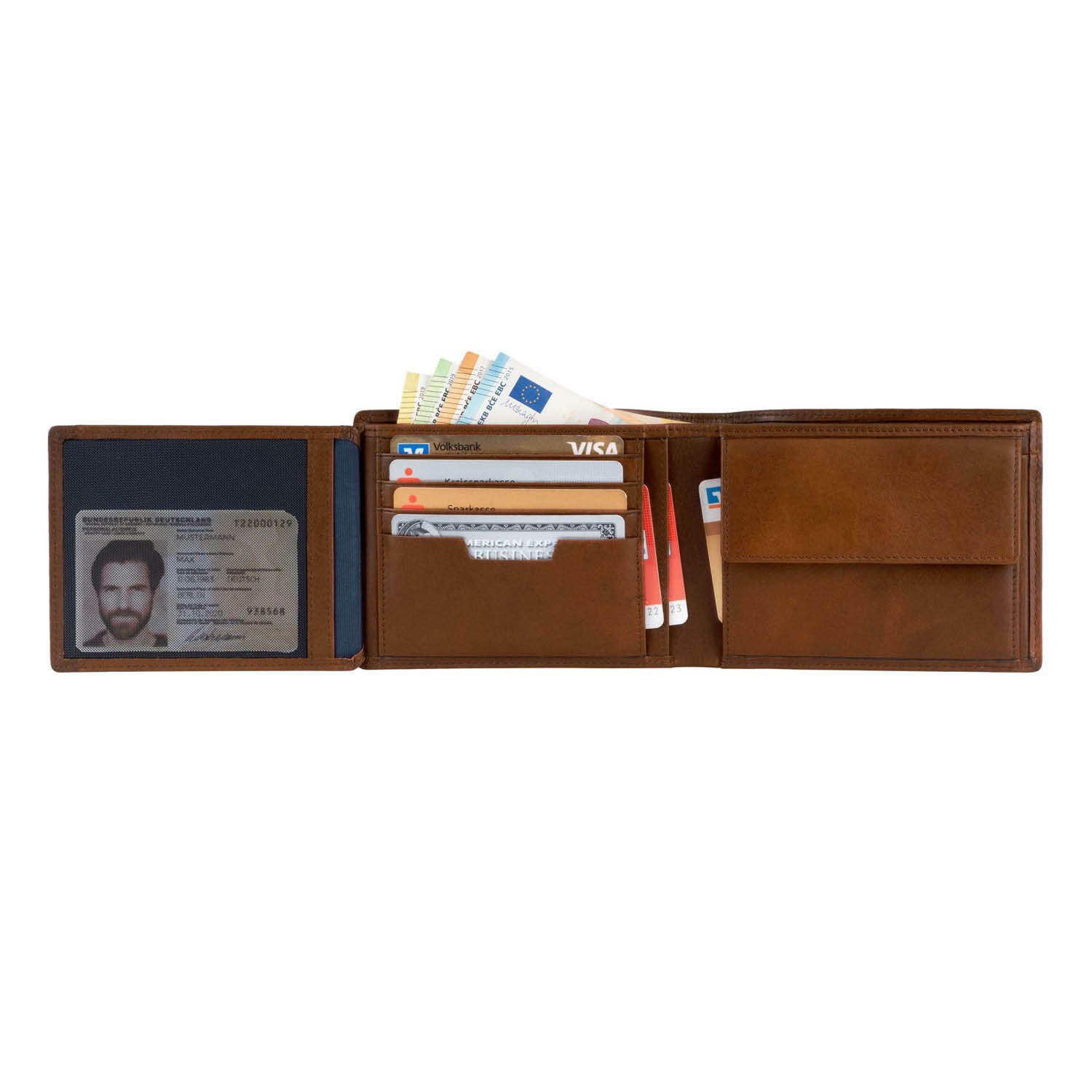 VON HEESEN Geldbörse Geldbeutel mit 13 inkl. Cognac-Braun RFID-Schutz Kartenfächer, Portemonnaie & Geschenkbox
